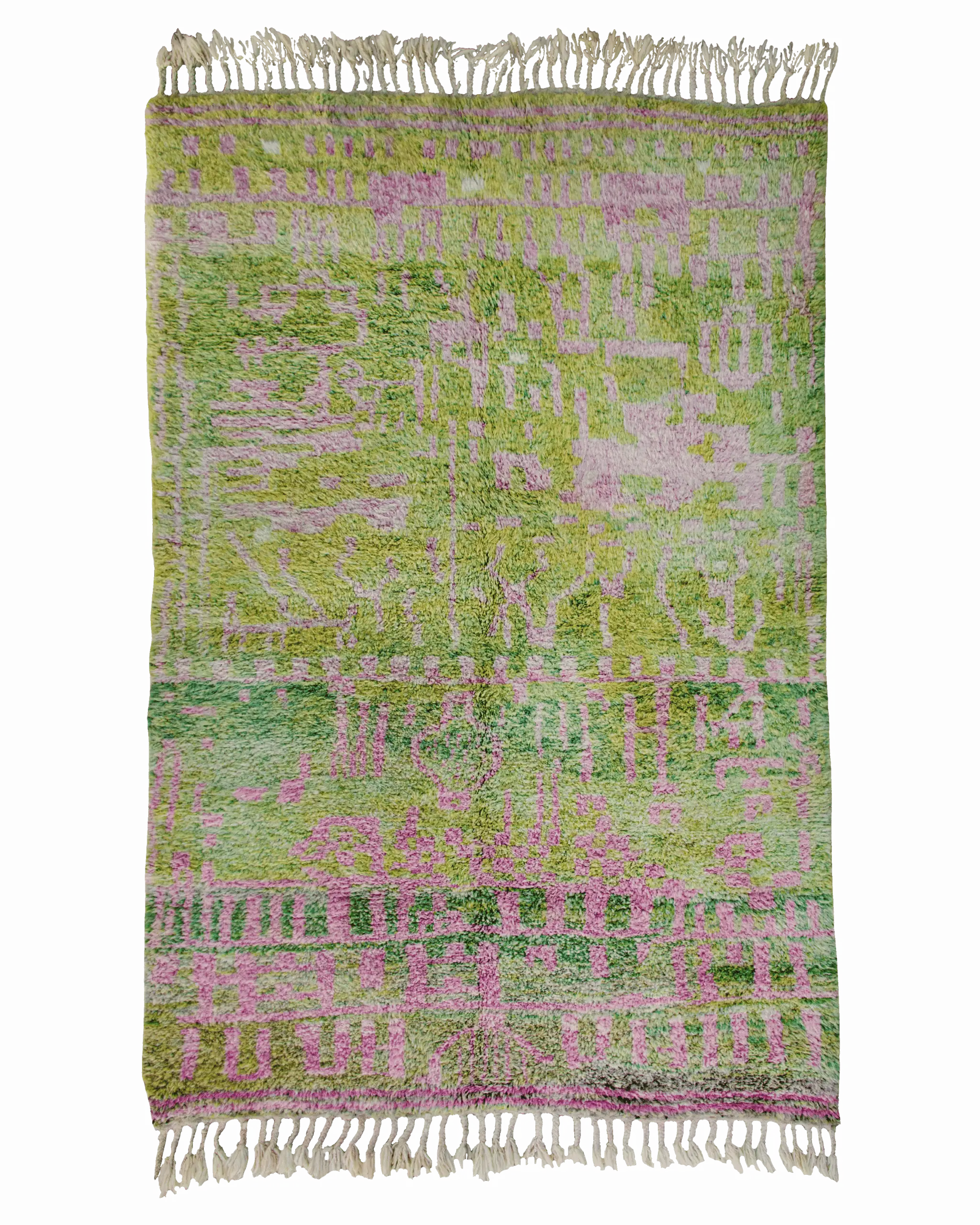Tappeto verde e rosa Beni Ourain 250×163 cm in pura lana annodata a mano con disegno astratto