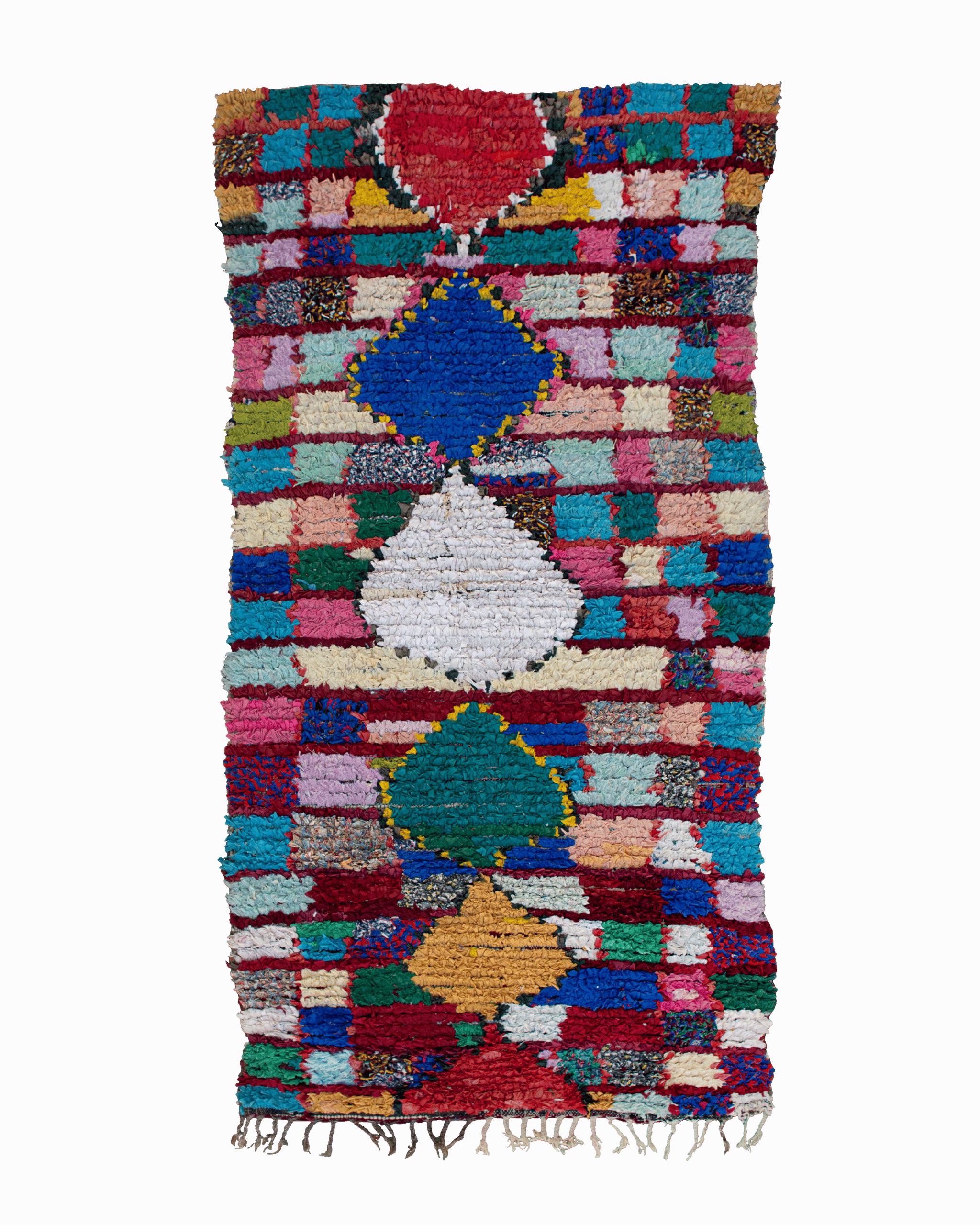 Boucherouite marocchino vintage multicolore 211×103 / 89 cm in tessuti riciclati annodati a formare rombi e quadretti