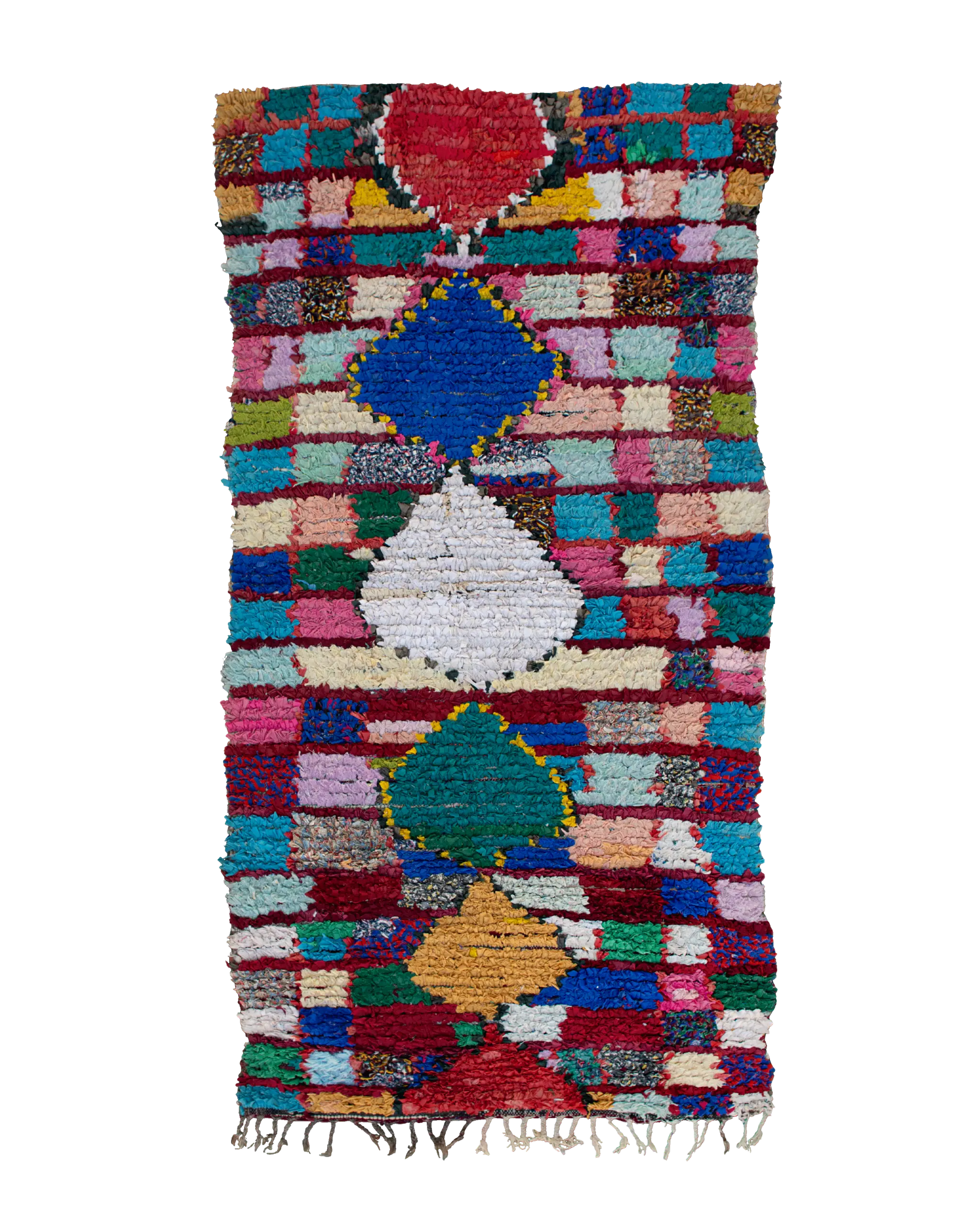 Boucherouite marocchino vintage multicolore 211×103 / 89 cm in tessuti riciclati annodati a formare rombi e quadretti
