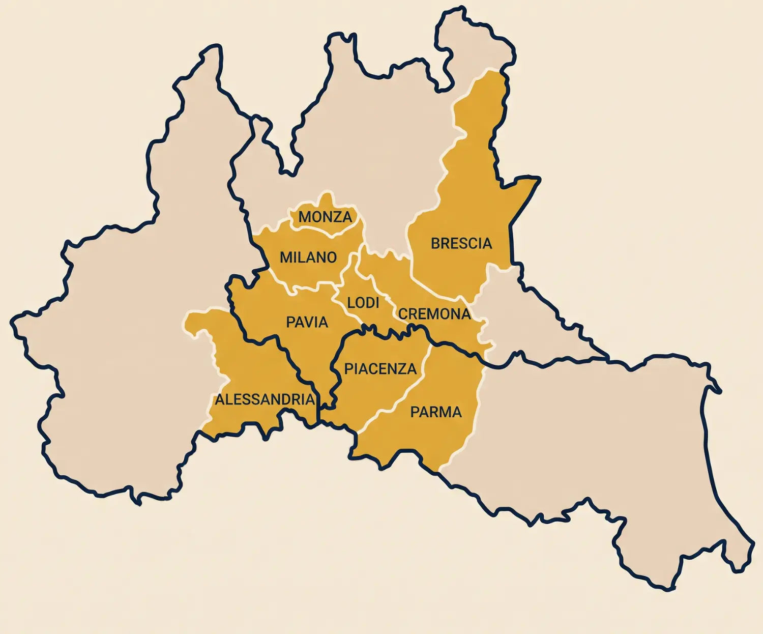 Mappa delle province coperte dalla consulenza a domicilio: Milano, Monza, Pavia, Lodi, Cremona e Brescia in Lombardia, Piacenza e Parma in Emilia-Romagna, Alessandria in Piemonte.