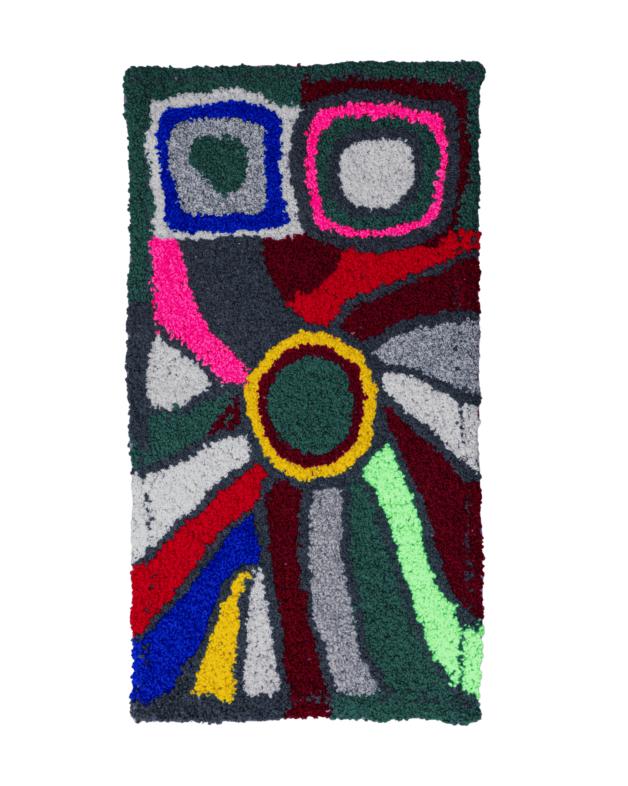 Piccolo tappetino artigianale ideale come arazzo o quadretto tessile in colori vivaci e design optical-pop stile vintage anni 60-70