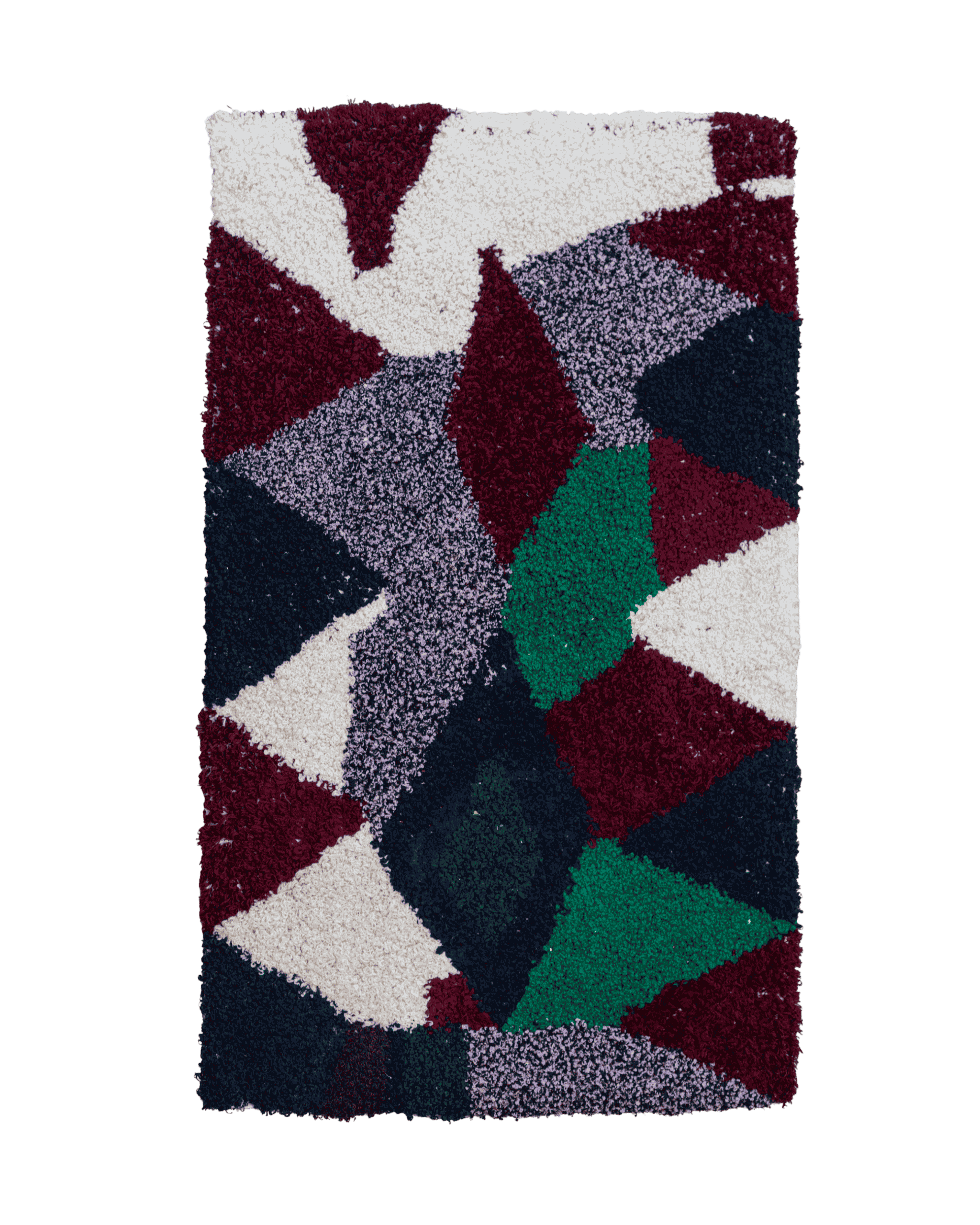 Decorazione tessile o tappetino a rombi, triangoli e poligoni irregolari nei colori bordeaux, verde, grigio, bianco, blu