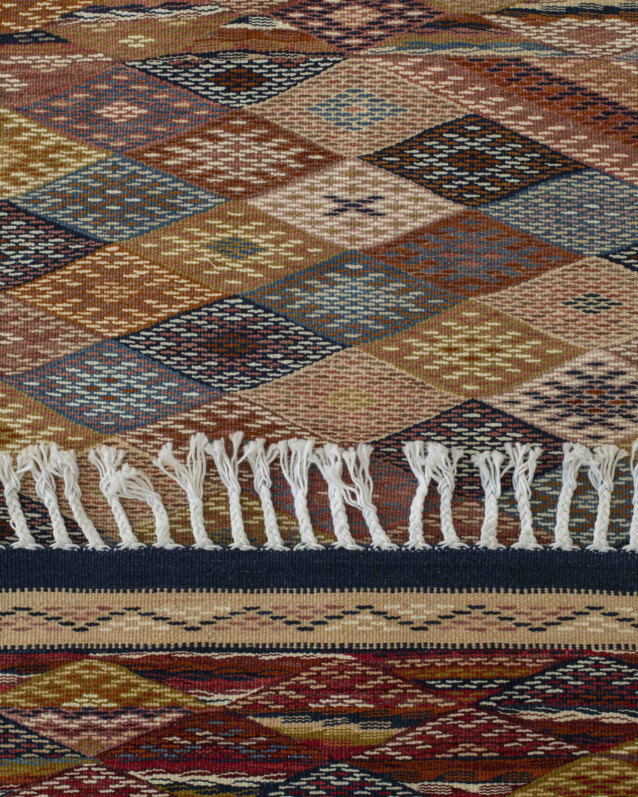 Dettaglio del tappeto passatoia in lana piatta a rombi e triangoli multicolore 