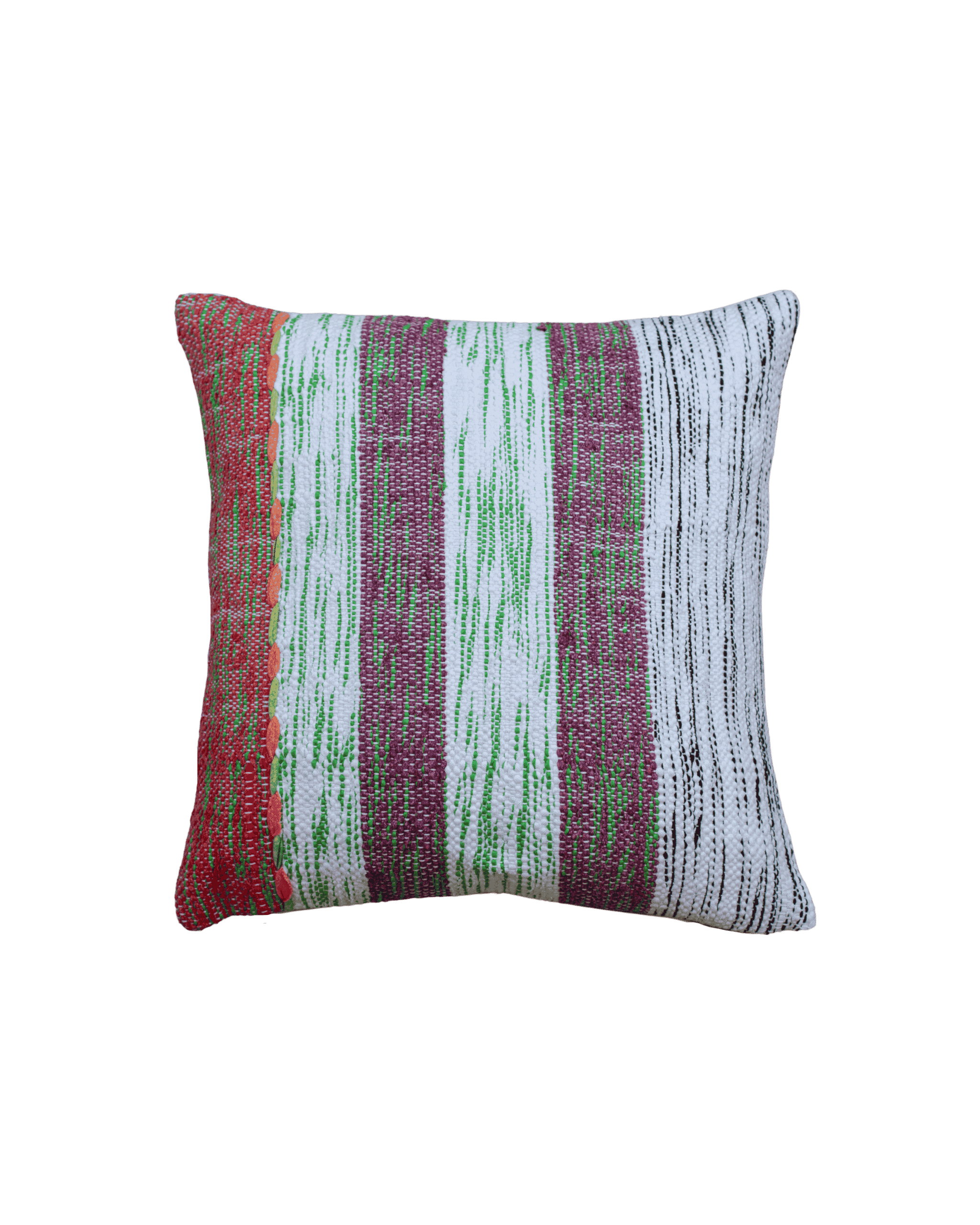 Fodera per cuscino d'arredo in tessuto melange a righe bianche, viola, rosse e micro righe verdi e nere