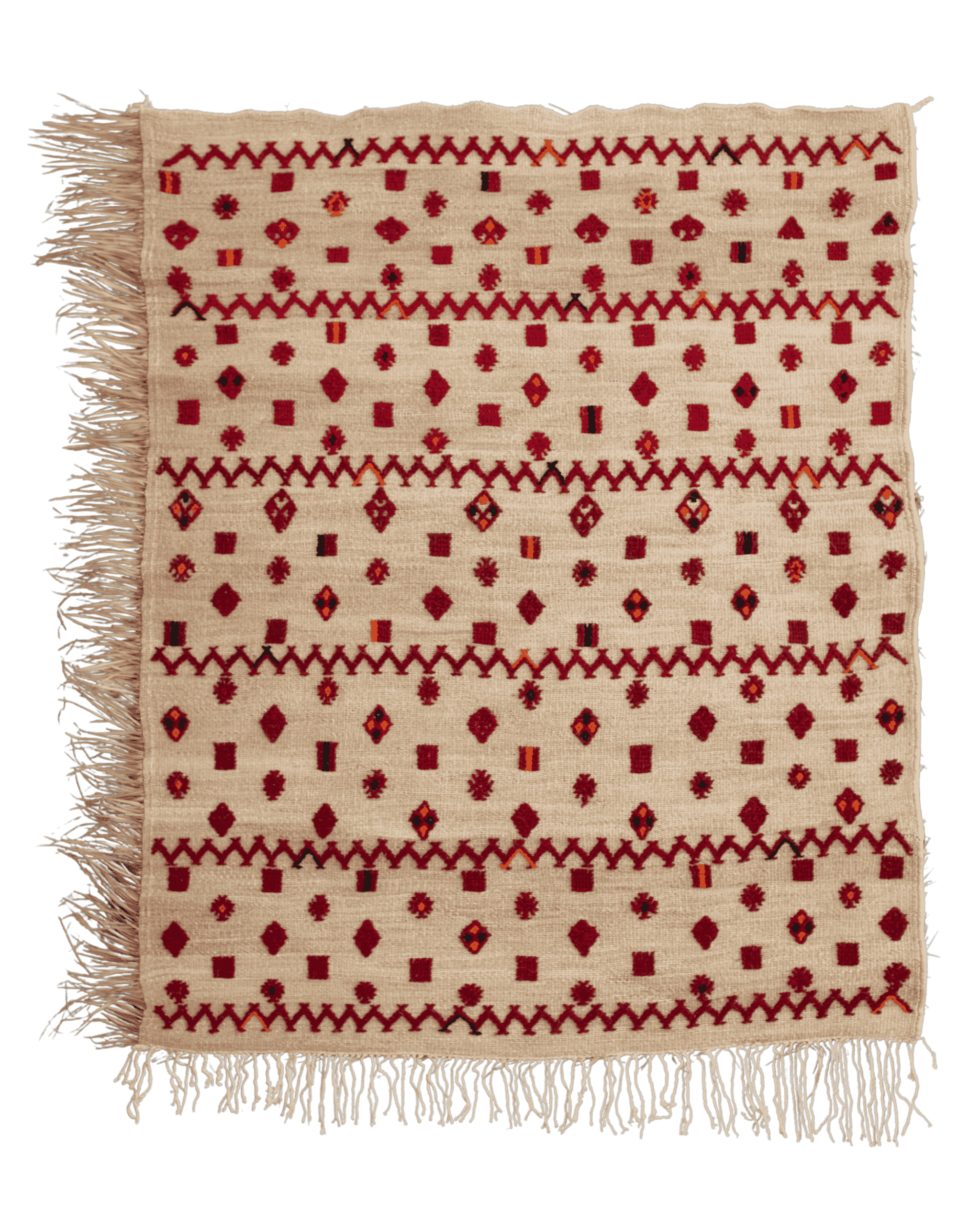 Grande tappeto stuoia naturale in paglia intrecciata con decori zigzag e simboli berberi rossi arancioni