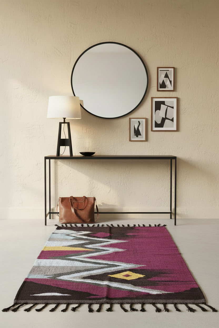 Ingresso minimalista con consolle in metallo nero, specchio rotondo e tappeto viola, grigio, bianco e giallo con grande zigzag