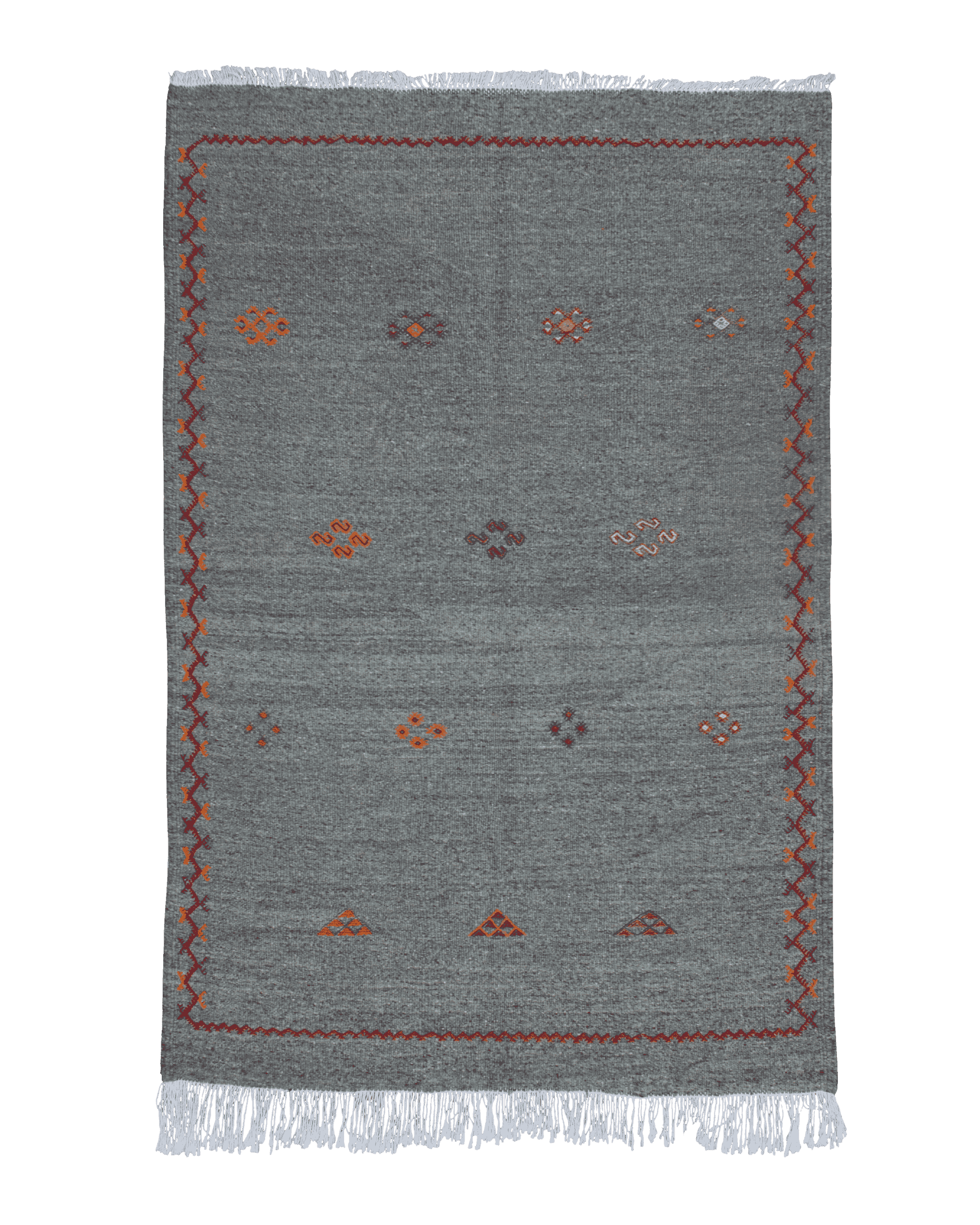 Tappeto kilim grigio con ricami berberi Akhnif rossi, arancioni, neri e blu e bordo zigzag