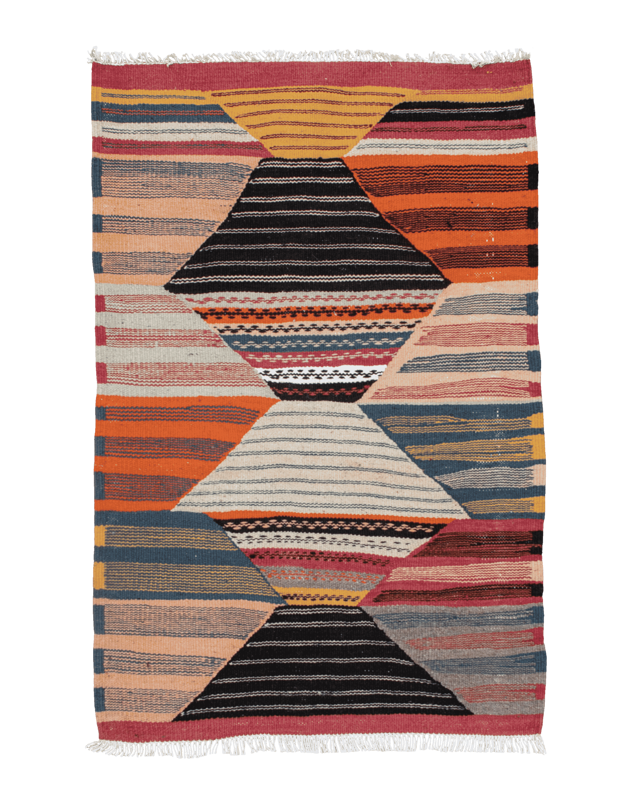 Piccolo tappeto kilim Kharita marocchino 97x66 cm in lana a grandi rombi e righe rosa, arancione, blu, nero, sabbia e giallo senape