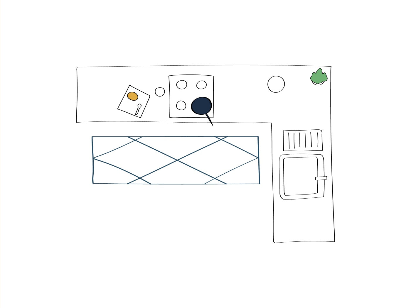 Lungo tappeto berbero marocchino da corridoio con motivo geometrico, vista cucina con piano di lavoro, fornelli e lavabo