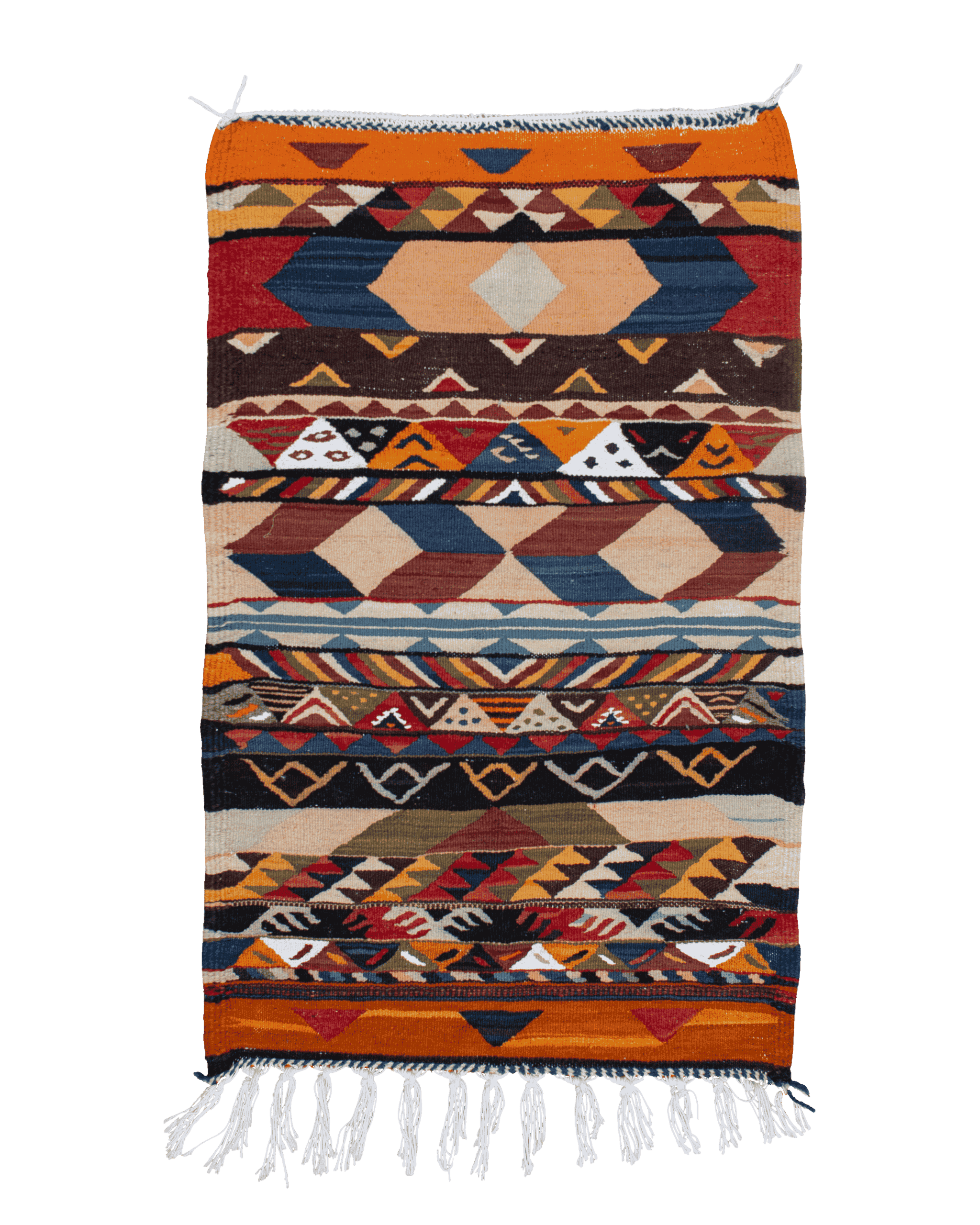 Piccolo tappeto kilim marocchino 100x70 in lana, stile etnico geometrico con rombi, triangoli e righe multicolore nei toni di arancione, rosso, nero e blu