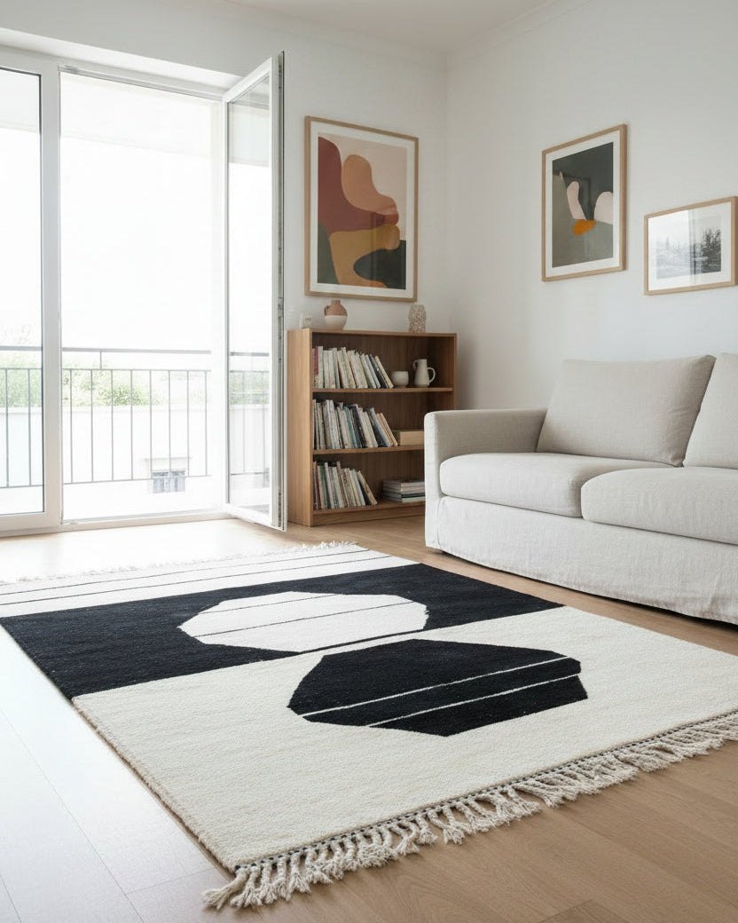 black and white moroccan sophiisticated rug in a scandinavian living room