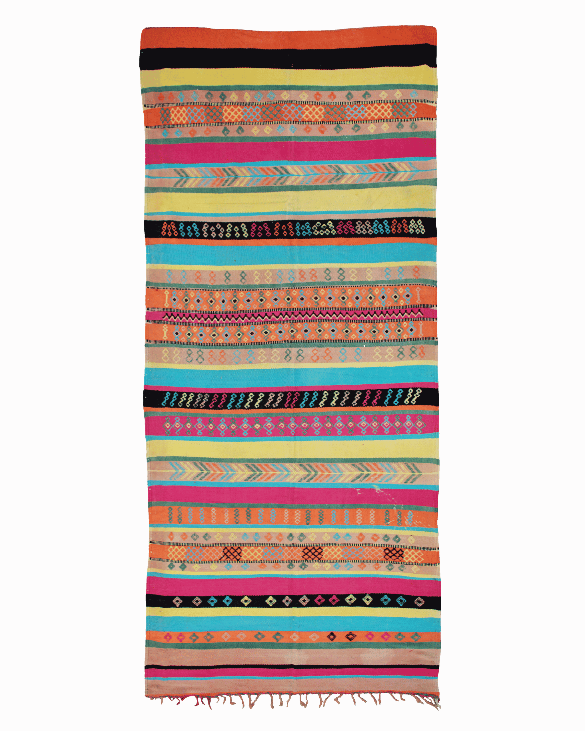 Passatoia Azilal vintage 398×159 cm in lana a righe multicolore con micro motivi geometrici