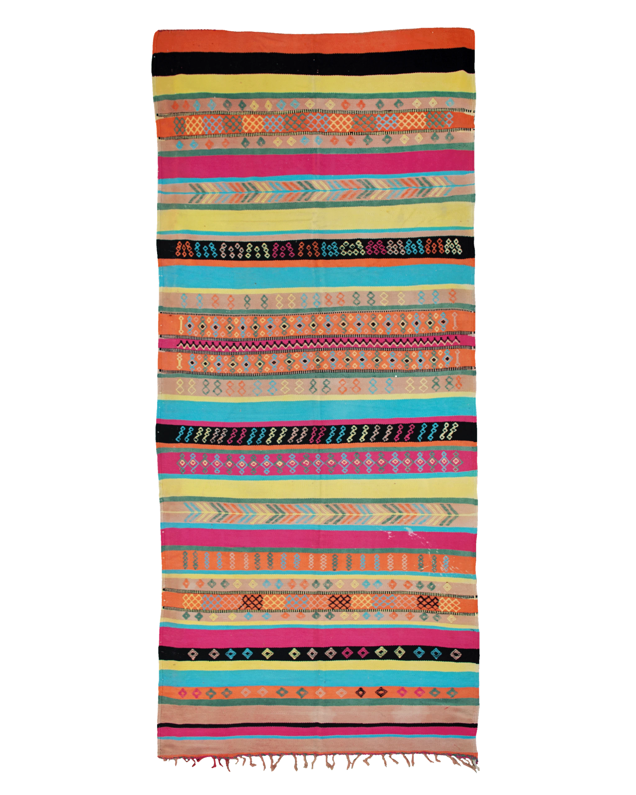 Passatoia Azilal vintage 398×159 cm in lana a righe multicolore con micro motivi geometrici