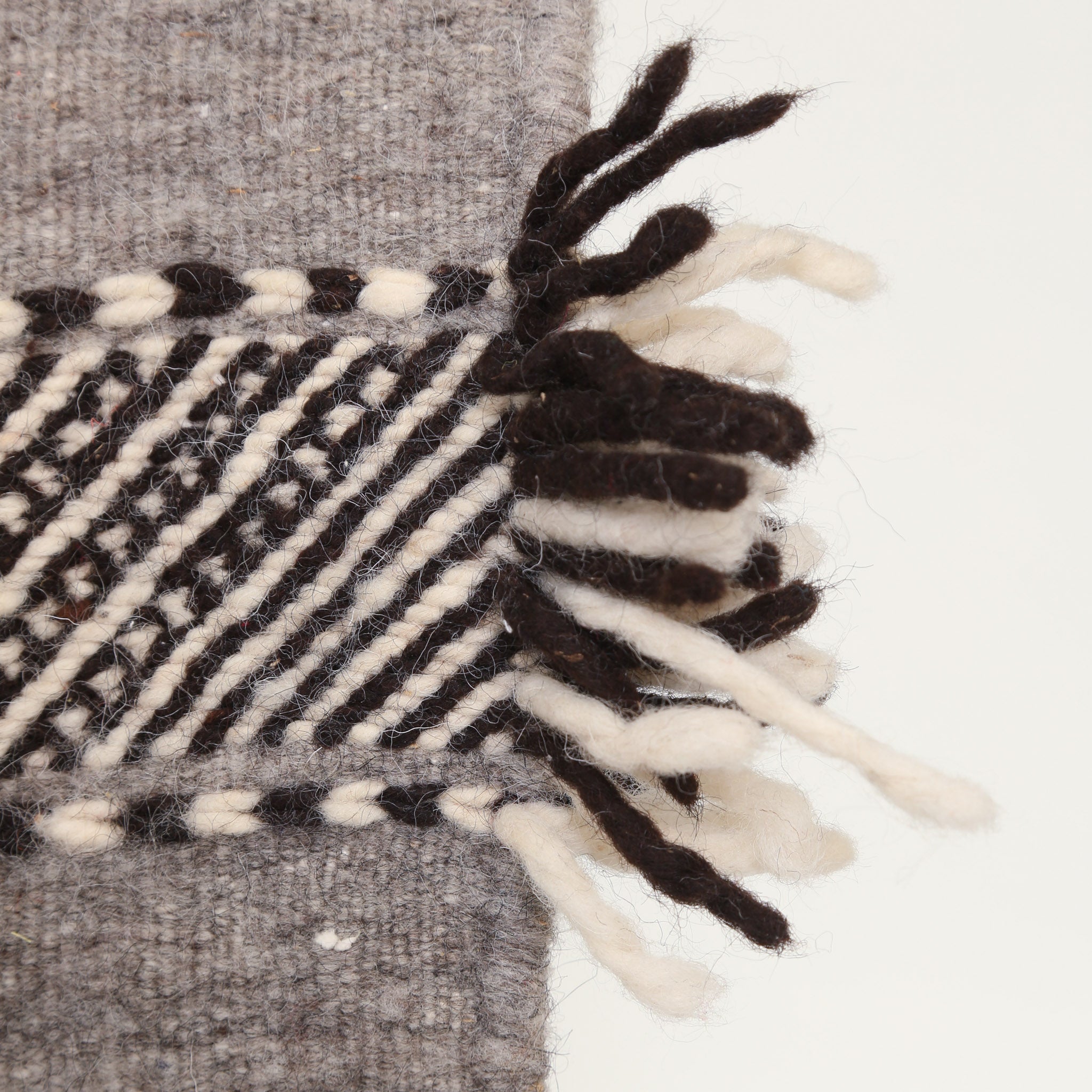dettaglio del lato di un tappeto artigianale con dei fili di lana nera e  bianca che escono