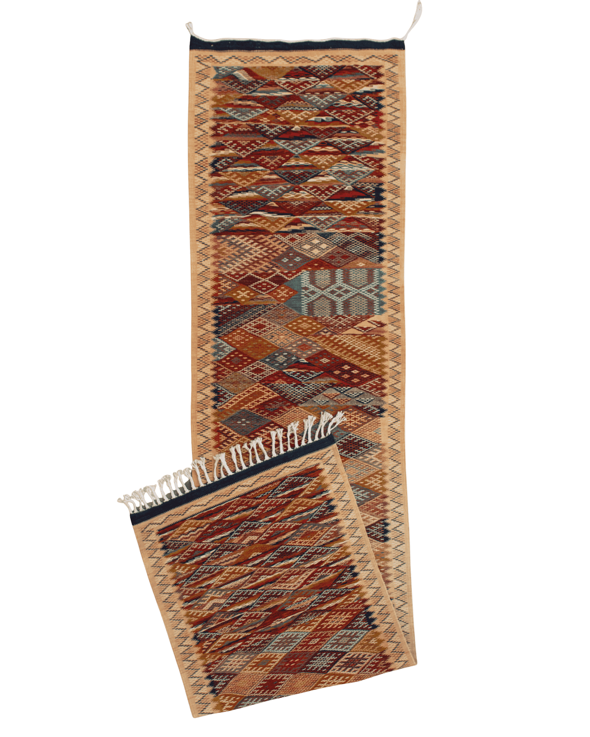 Lunga passatoia per corridoio kilim con motivi tradizionali marocchini a rombi e triangoli