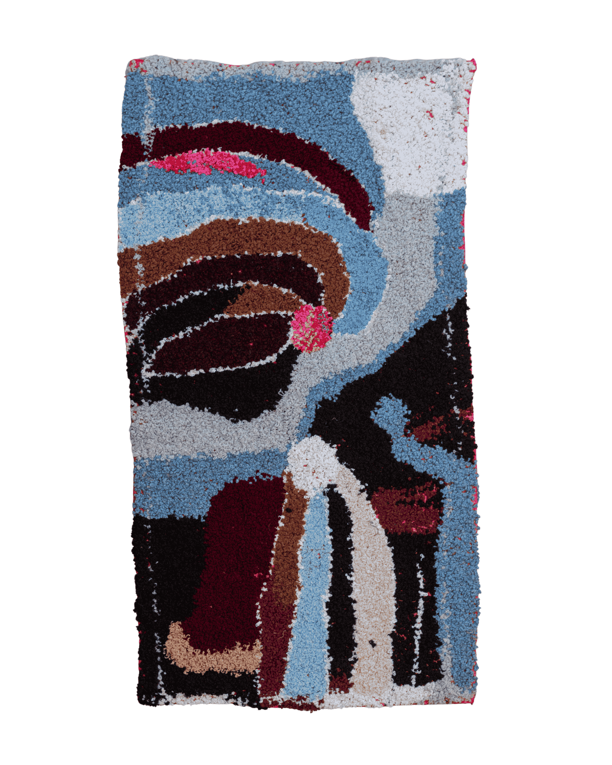 Piccolo arazzo artigianale marocchino dal design astratto con linee e disegni onirici in nuance di azzurro, grigio, marrone, bordeaux, nero, rosa