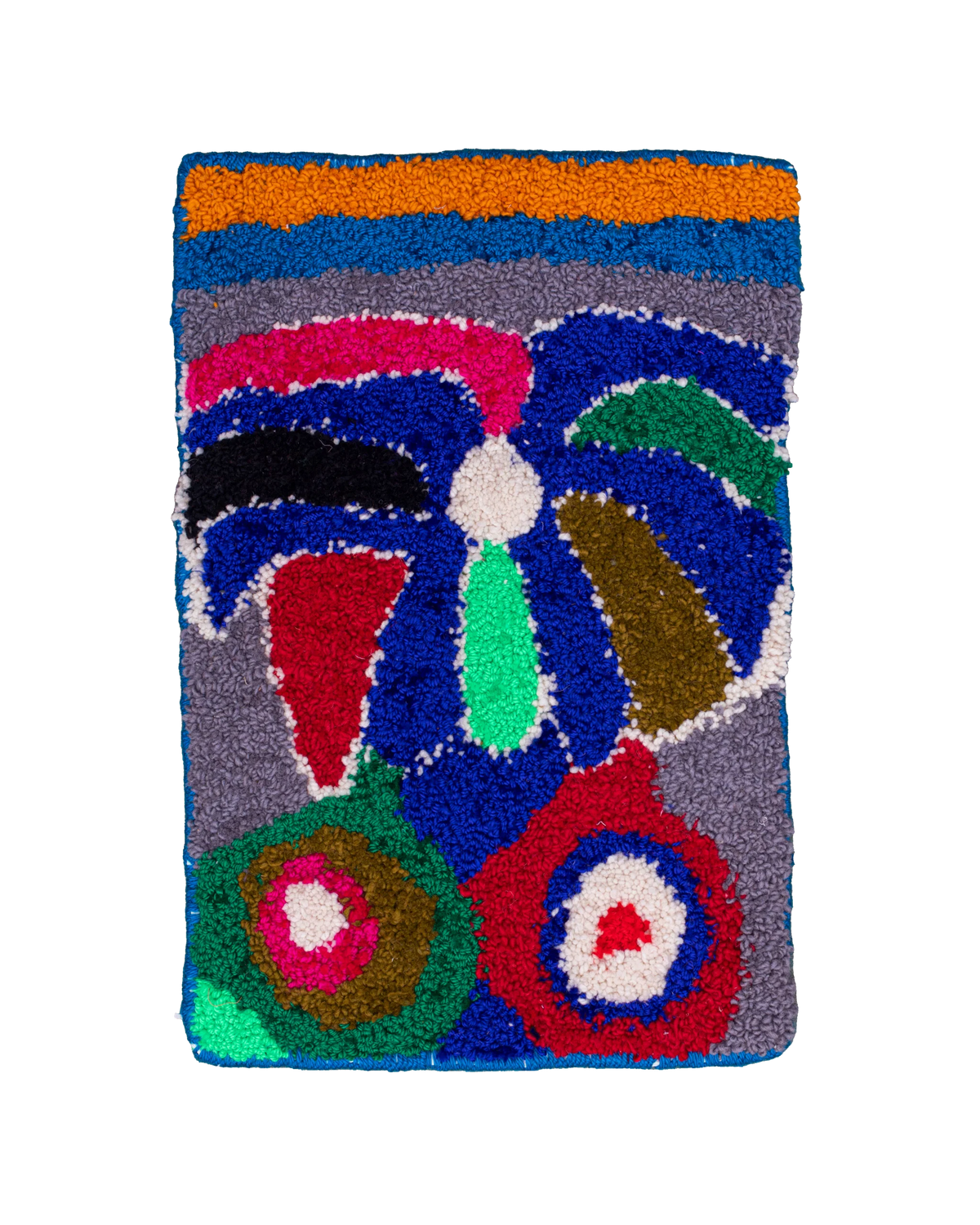 Piccolo tappeto Zindekh 60×40 cm in punch needle con fiore / palma astratto blu, fucsia, verde, rosso e cerchi concentrici su fondo grigio, azzurro e arancione