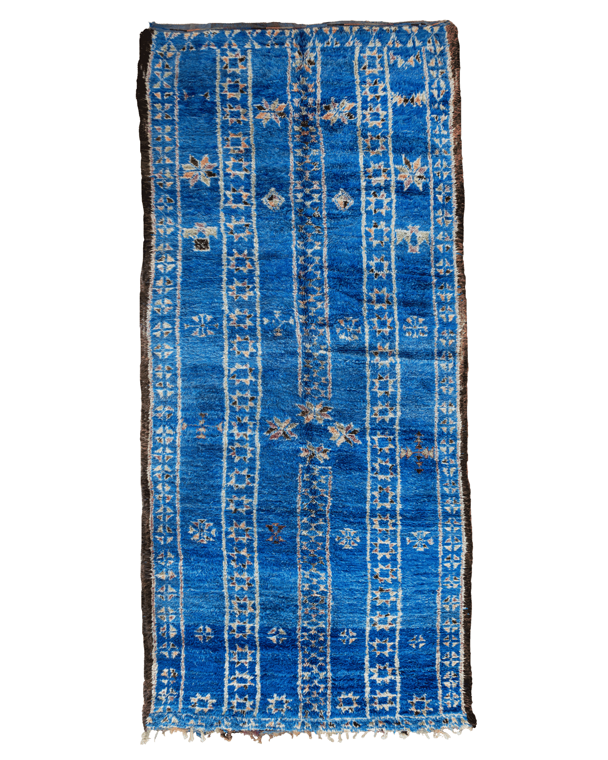 Raro tappeto blu vintage Beni M’Guild grande 437×180 cm in lana annodata a mano con fantasia geometrica