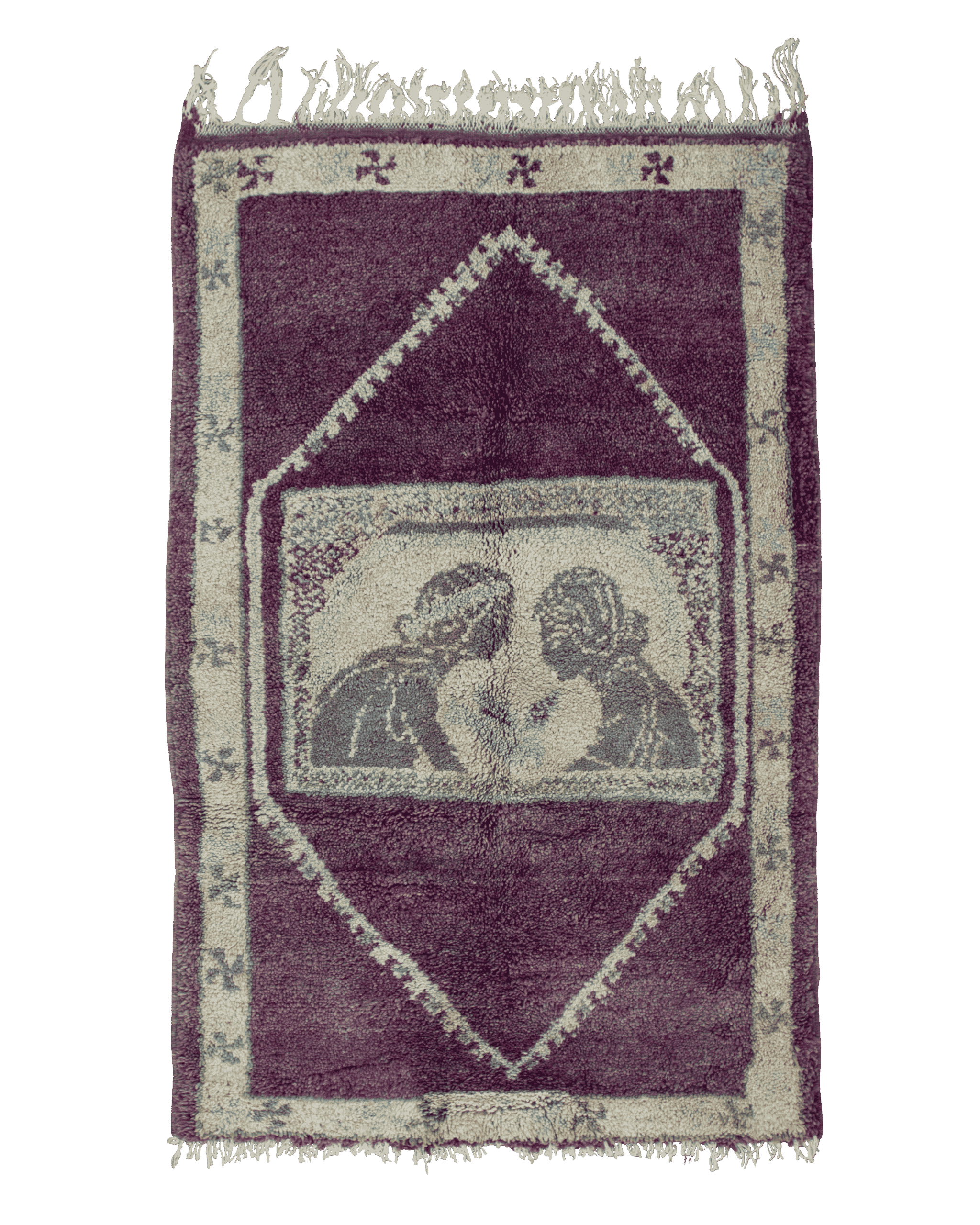 Raro tappeto figurativo di Boujaad 158×99 cm in lana annodata a mano con due figure umane centrali e piccolo uccello azzurro