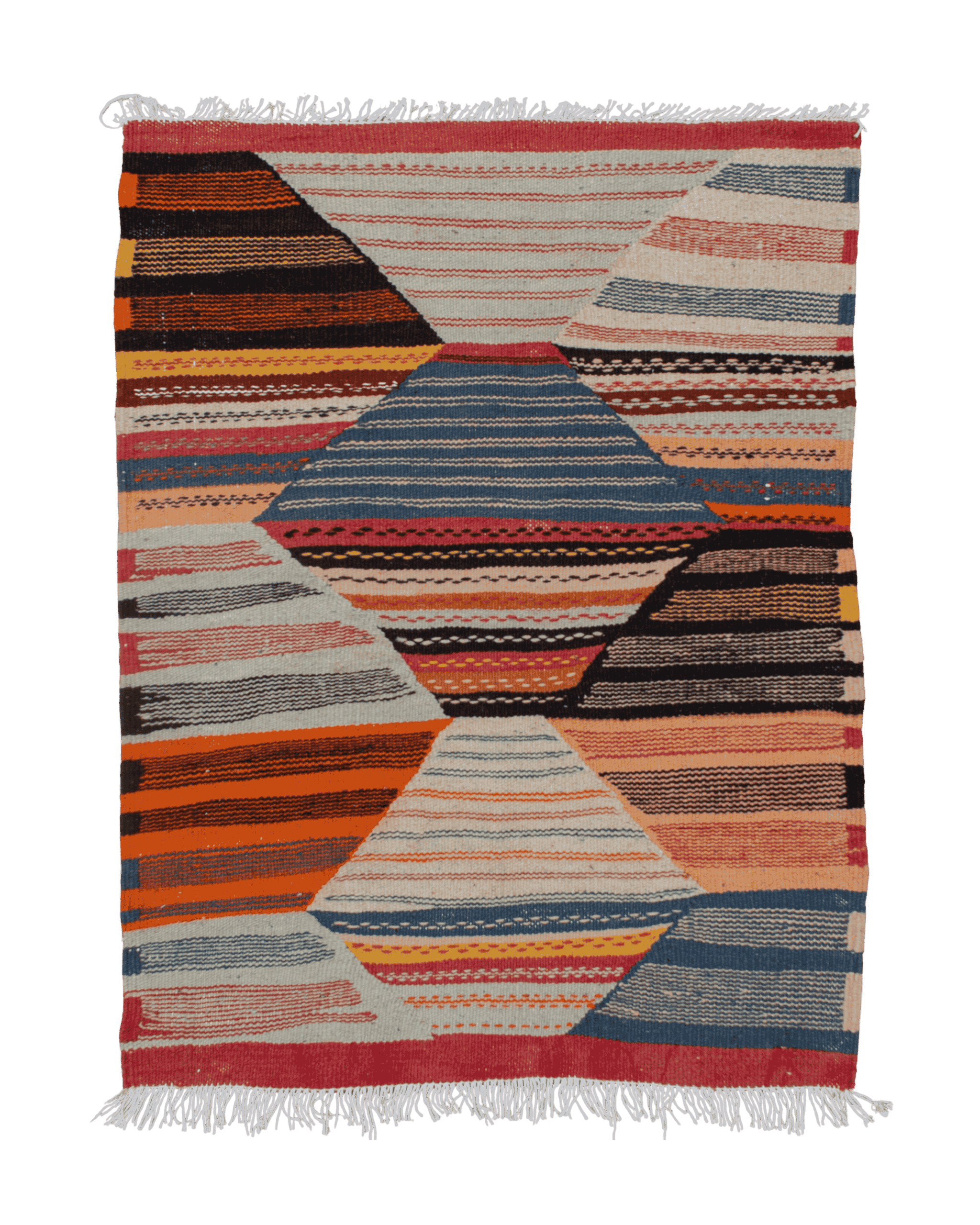 Piccolo tappeto Kharita marocchino 84x66 cm in lana fatto a mano, motivo geometrico con losanghe e righe arancioni, beige, blu, gialle