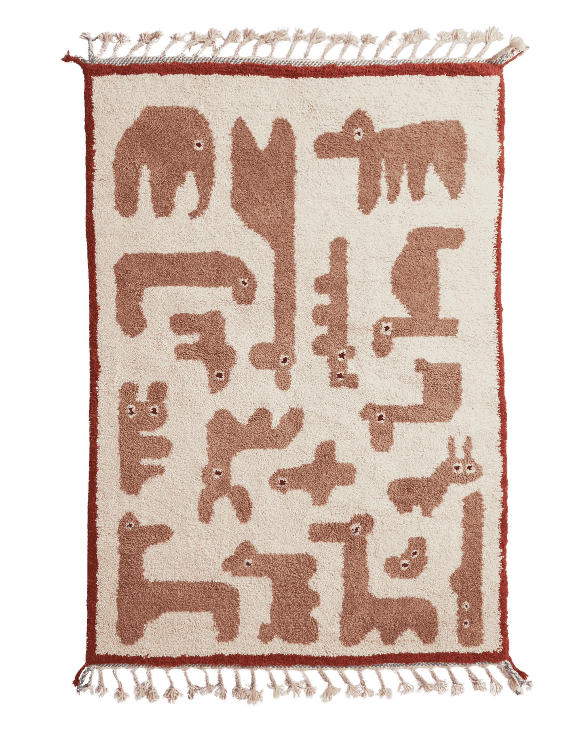 tappeto Animauì in lana marocchina con figure fantastiche color terracotta su fondo avorio, bordo rosso e frange intrecciate, design contemporaneo