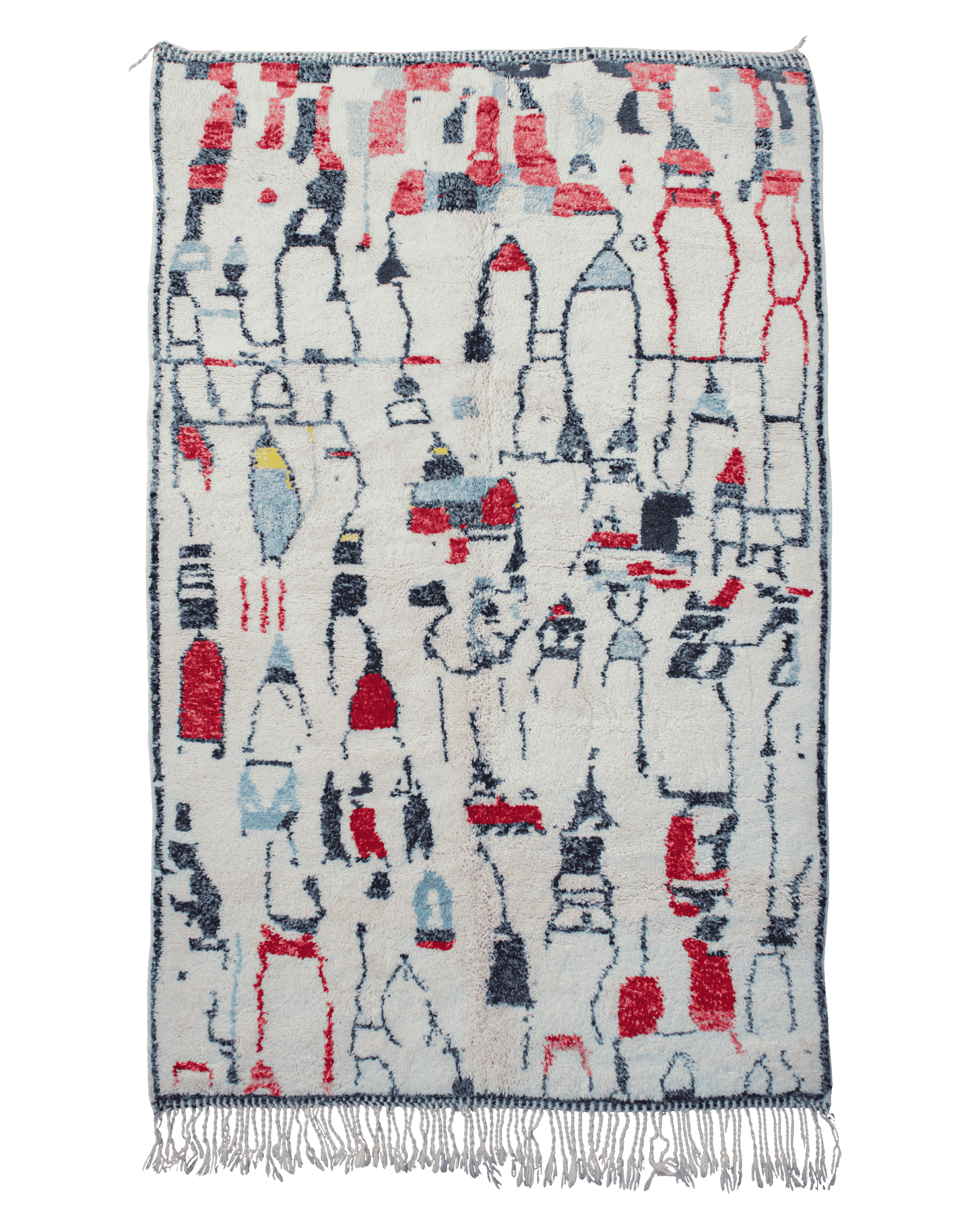 Grande tappeto Beni Mrirt marocchino 270x150 cm in lana, con fantasia astratta di figure antropomorfe e segni rossi, azzurri, gialli e neri su fondo bianco