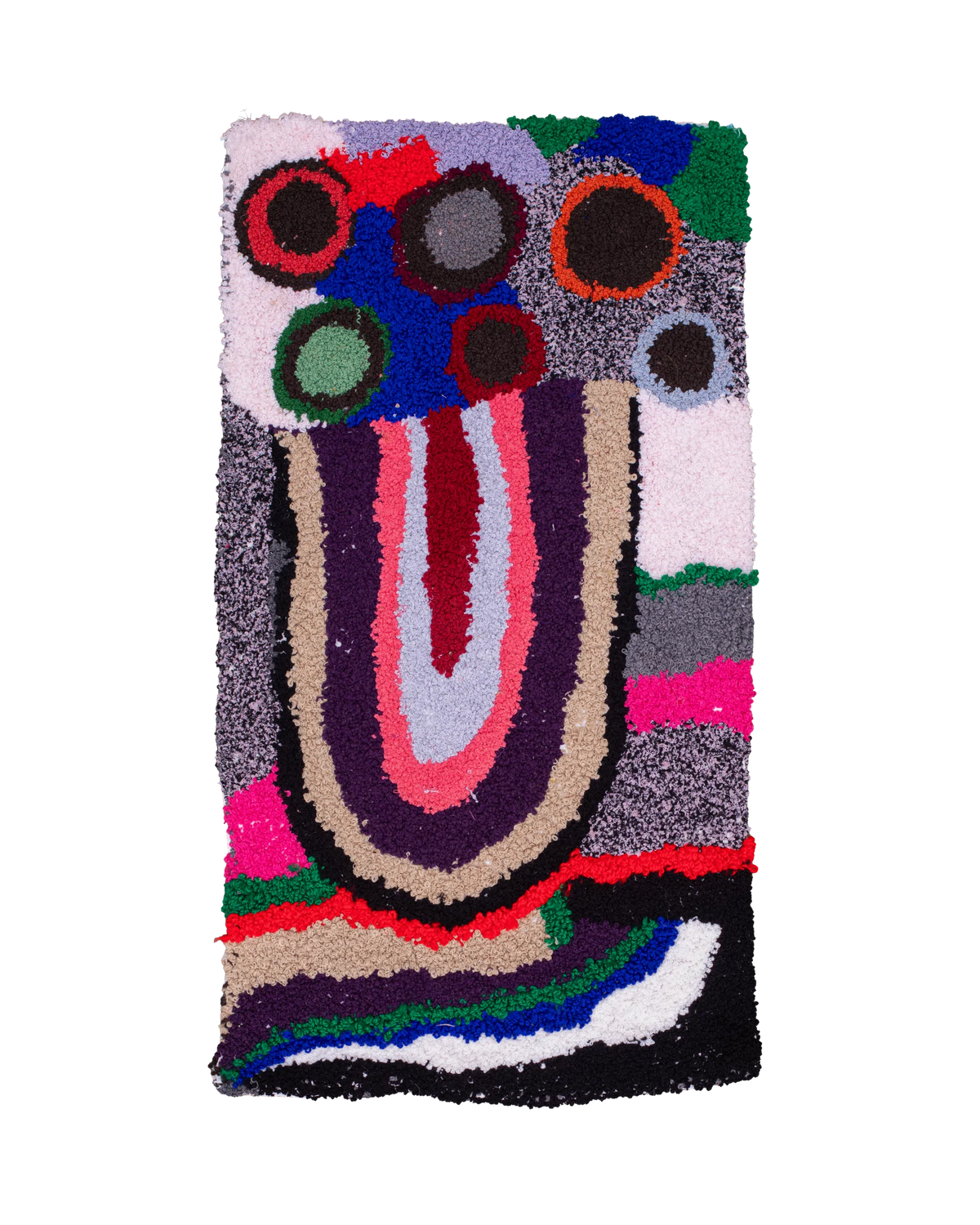 Piccolo arazzo o tappeto Zindekh 80×45 cm in punch needle con disegno astratto multicolore a cerchi, linee e campiture