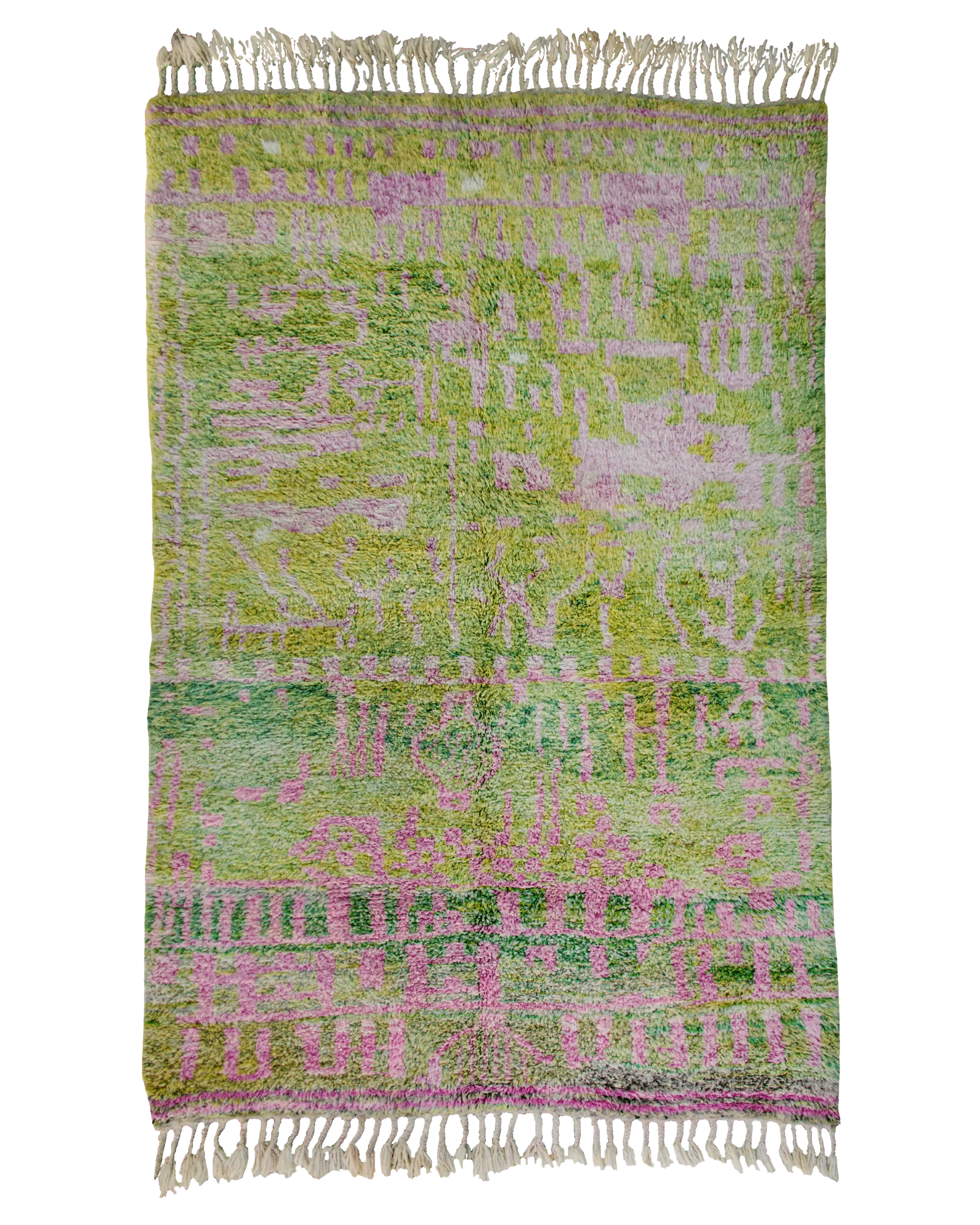 Tappeto verde e rosa Beni Ourain 250×163 cm in pura lana annodata a mano con disegno astratto