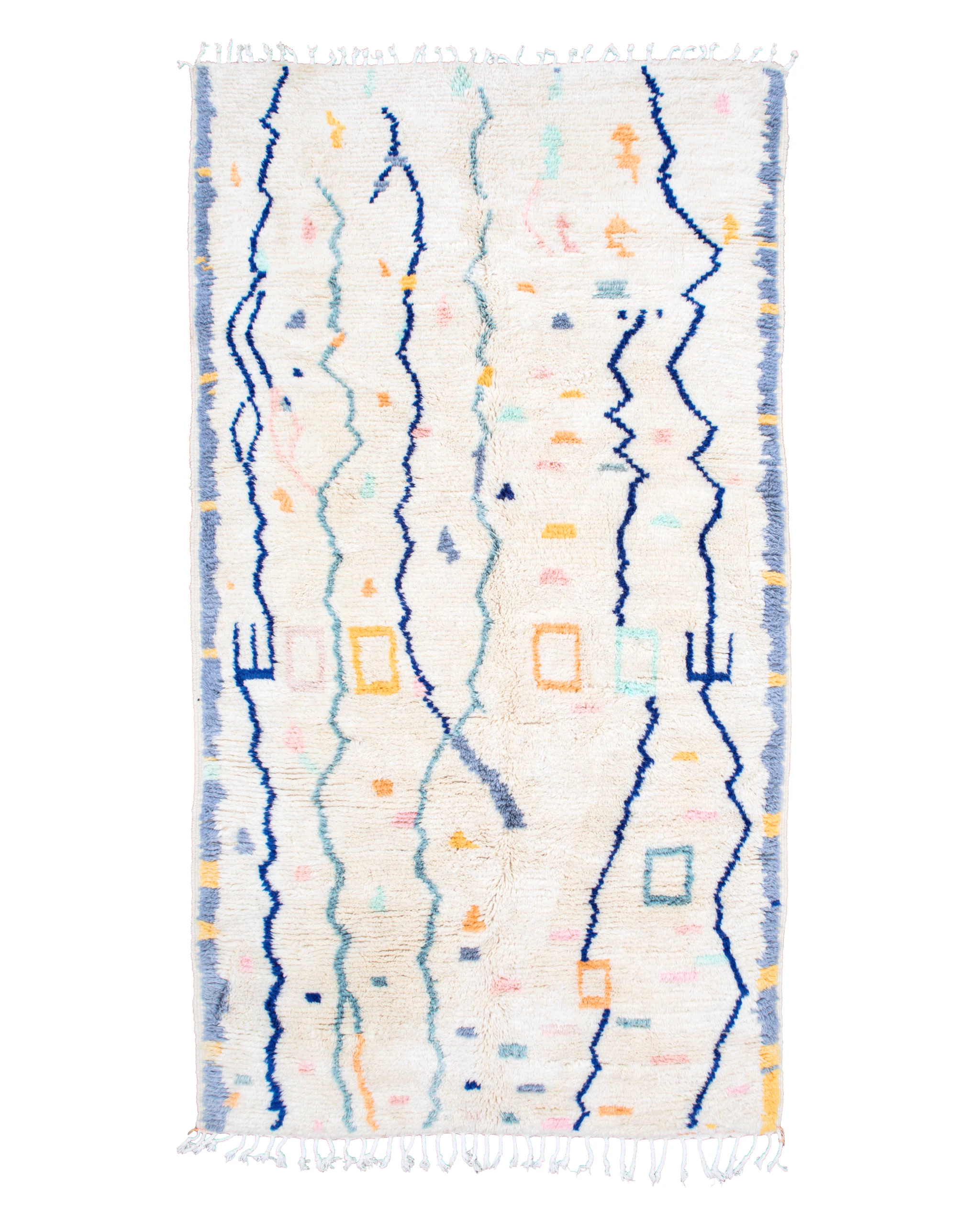 Tappeto Azilal bianco avorio 267×140 cm in pura lana con linee blu, turchesi e piccoli segni colorati sparsi come coriandoli