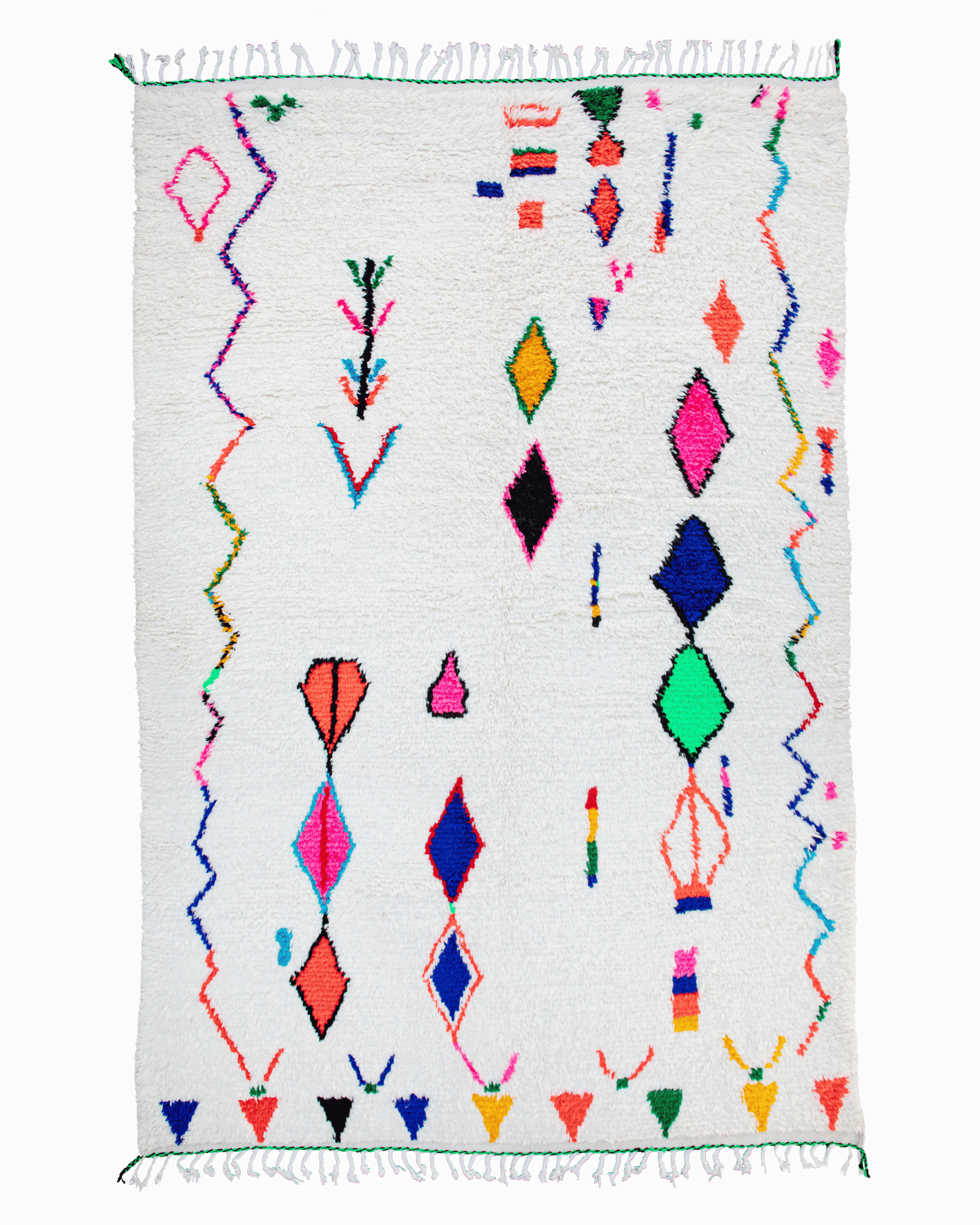 Grande tappeto Azilal bianco avorio 287×187 cm con rombi, zigzag e motivi geometrici colorati