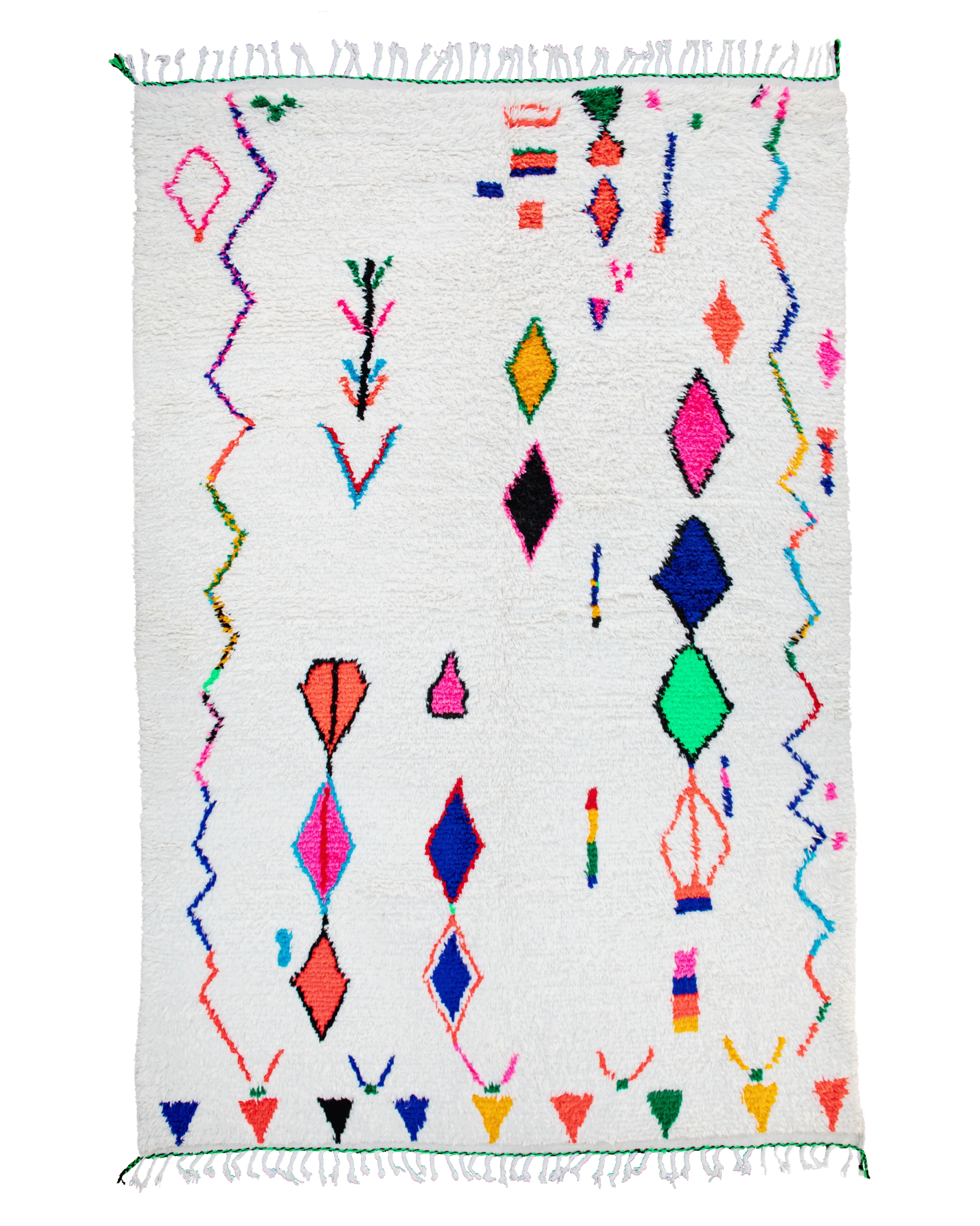 Grande tappeto Azilal bianco avorio 287×187 cm con rombi, zigzag e motivi geometrici colorati