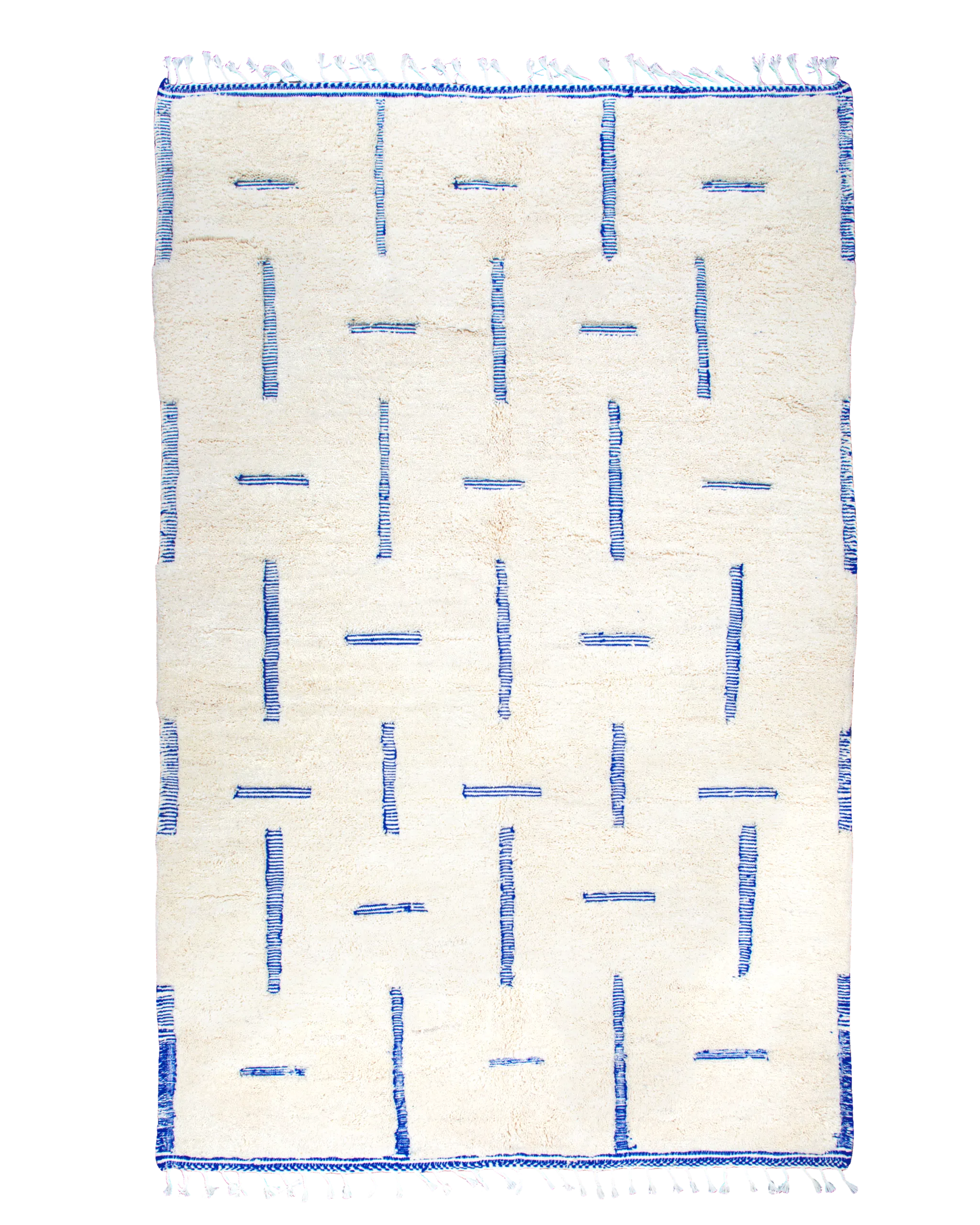 Tappeto Beni Ourain bianco e blu 307×196 cm in pura lana con motivo geometrico minimalista a linee spezzate