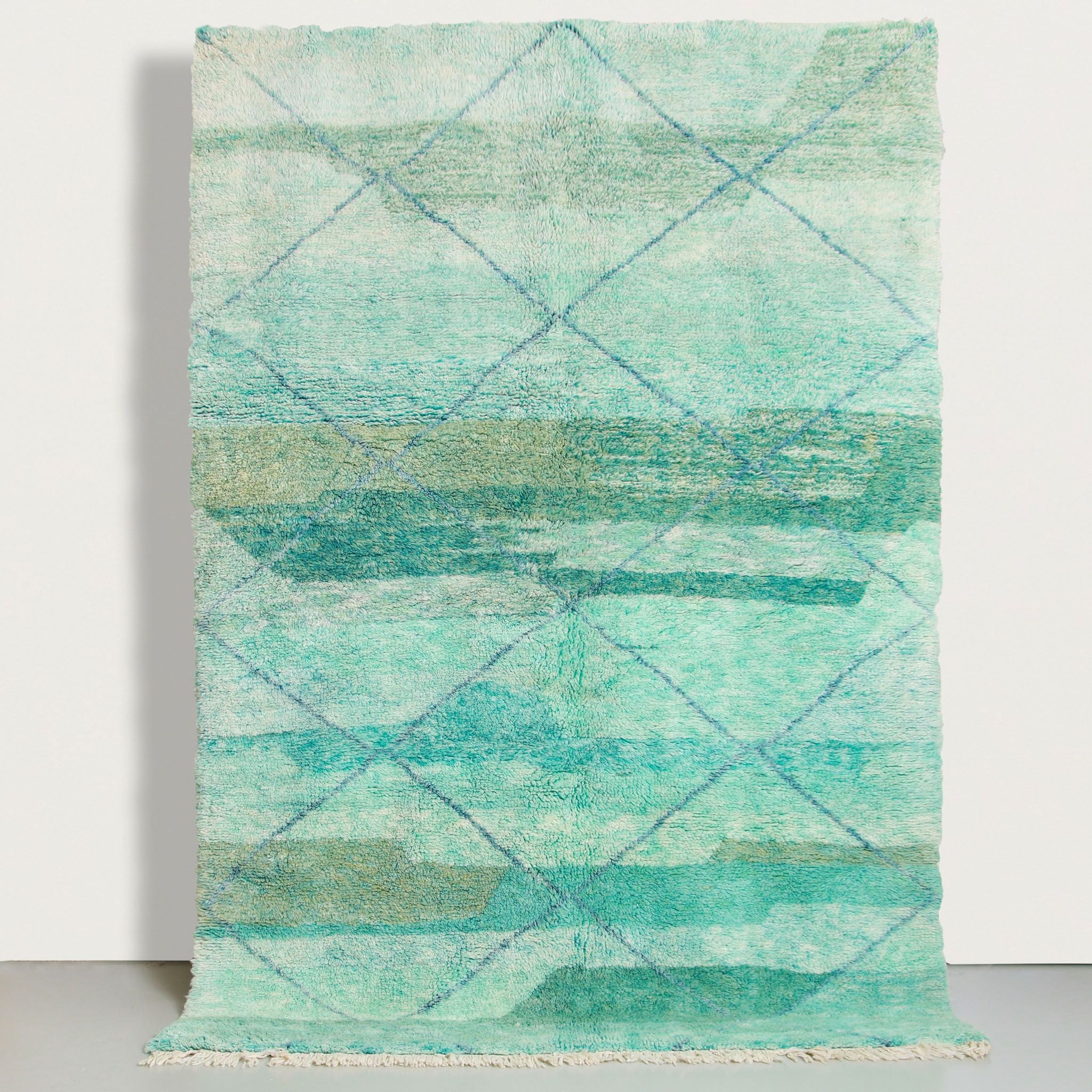 Tappeto Beni Ourain grande verde turchese 300x210 cm per salotto, motivi geometrici tradizionali marocchini a rombi
