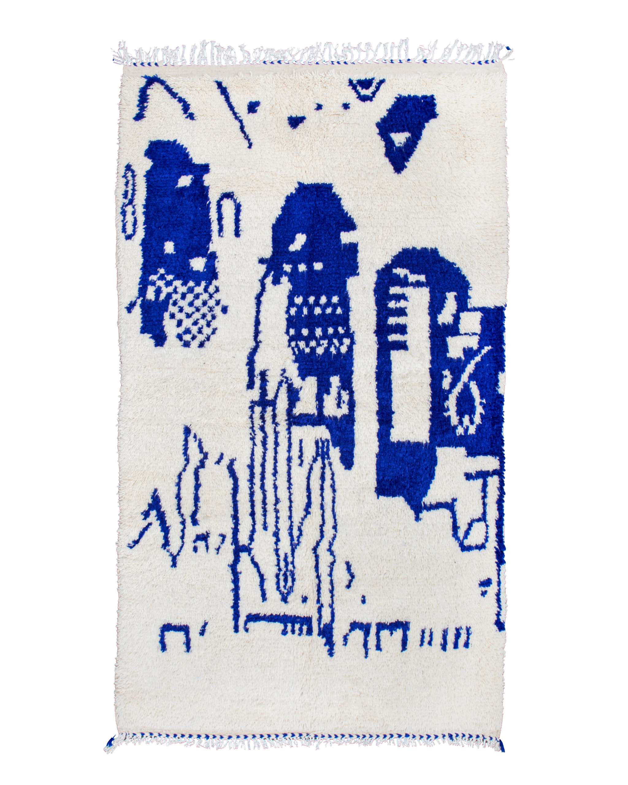 Tappeto Azilal bianco e blu Majorelle 249×143 cm in pura lana con motivi geometrici astratti