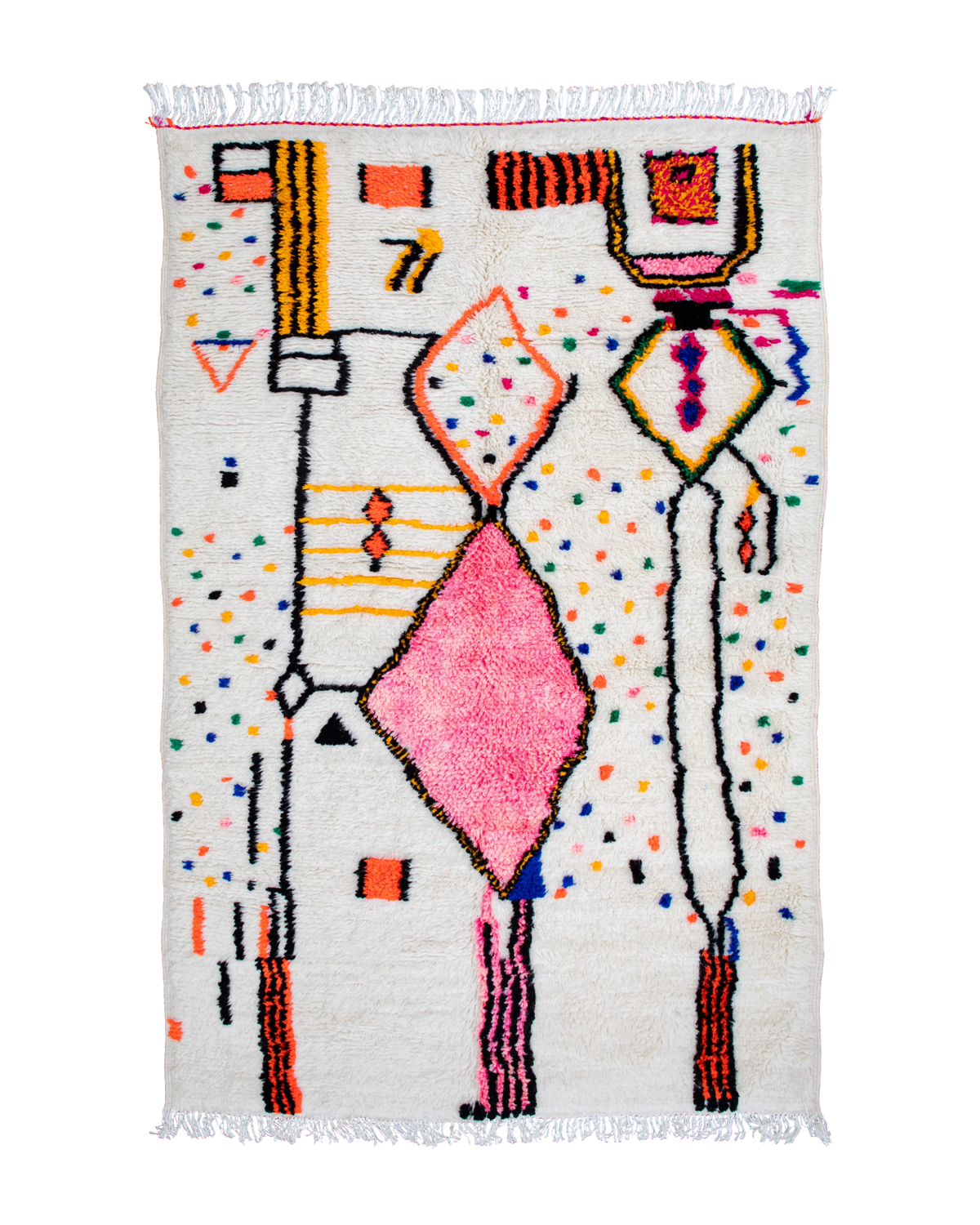 Tappeto Azilal bianco 230×130 cm  con grande rombo rosa e motivi geometrici multicolore sparsi tra linee, forme geometriche e pois