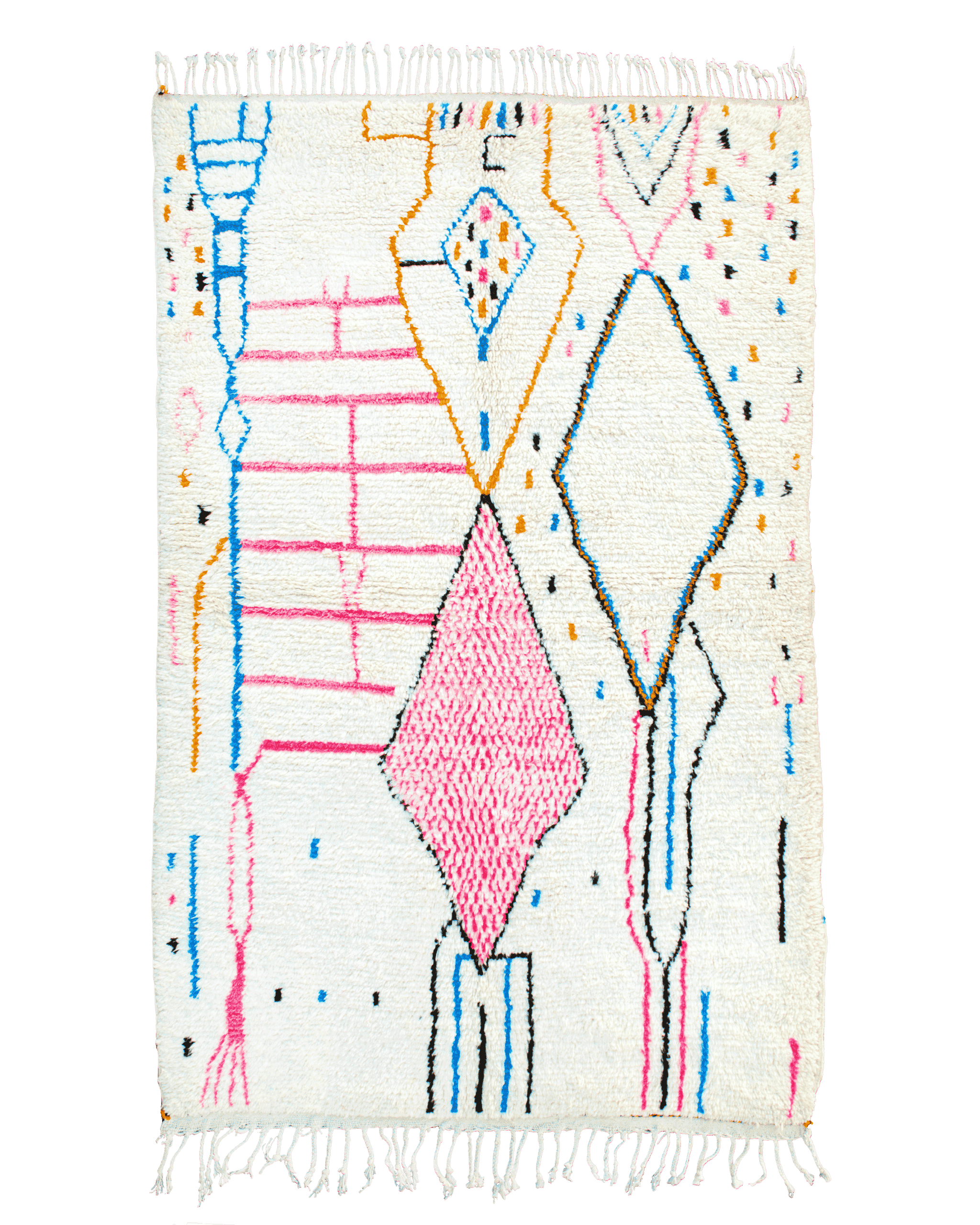 Tappeto berbero Azilal bianco con disegni astratti colorati in rosa, azzurro, nero e giallo 240×153 cm