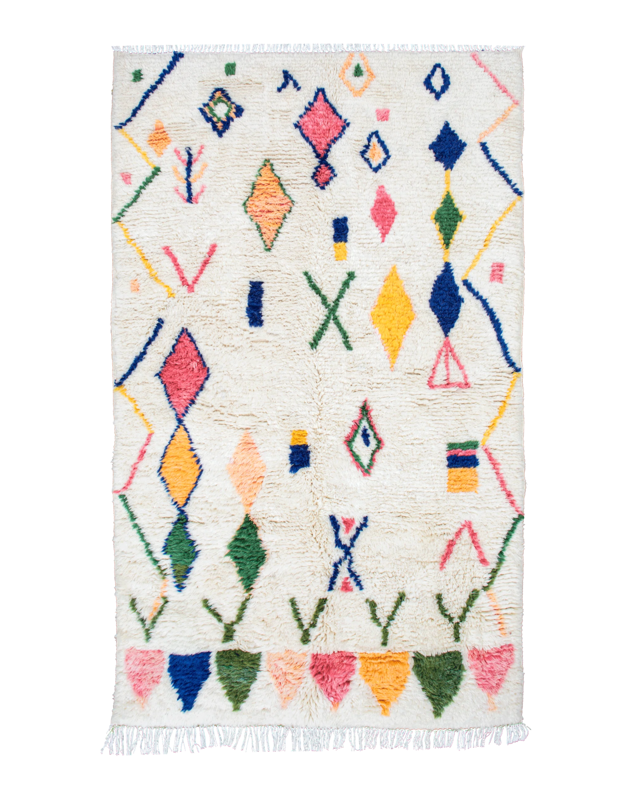 Tappeto berbero bianco con segni e simboli colorati Azilal 230×140 cm in pura lana