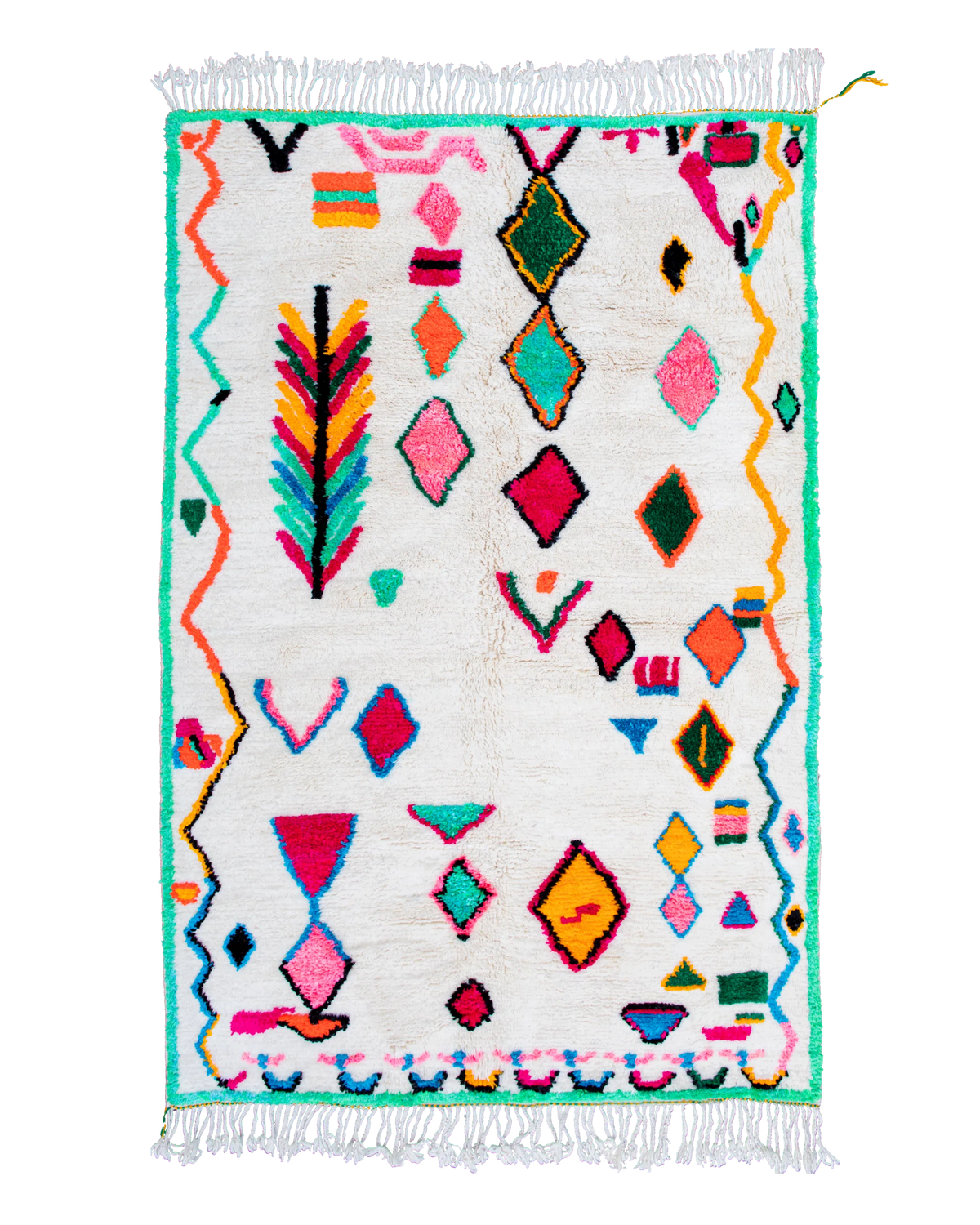 Tappeto berbero colorato Azilal 250×150 cm con fondo bianco, rombi e simboli grafici multicolor