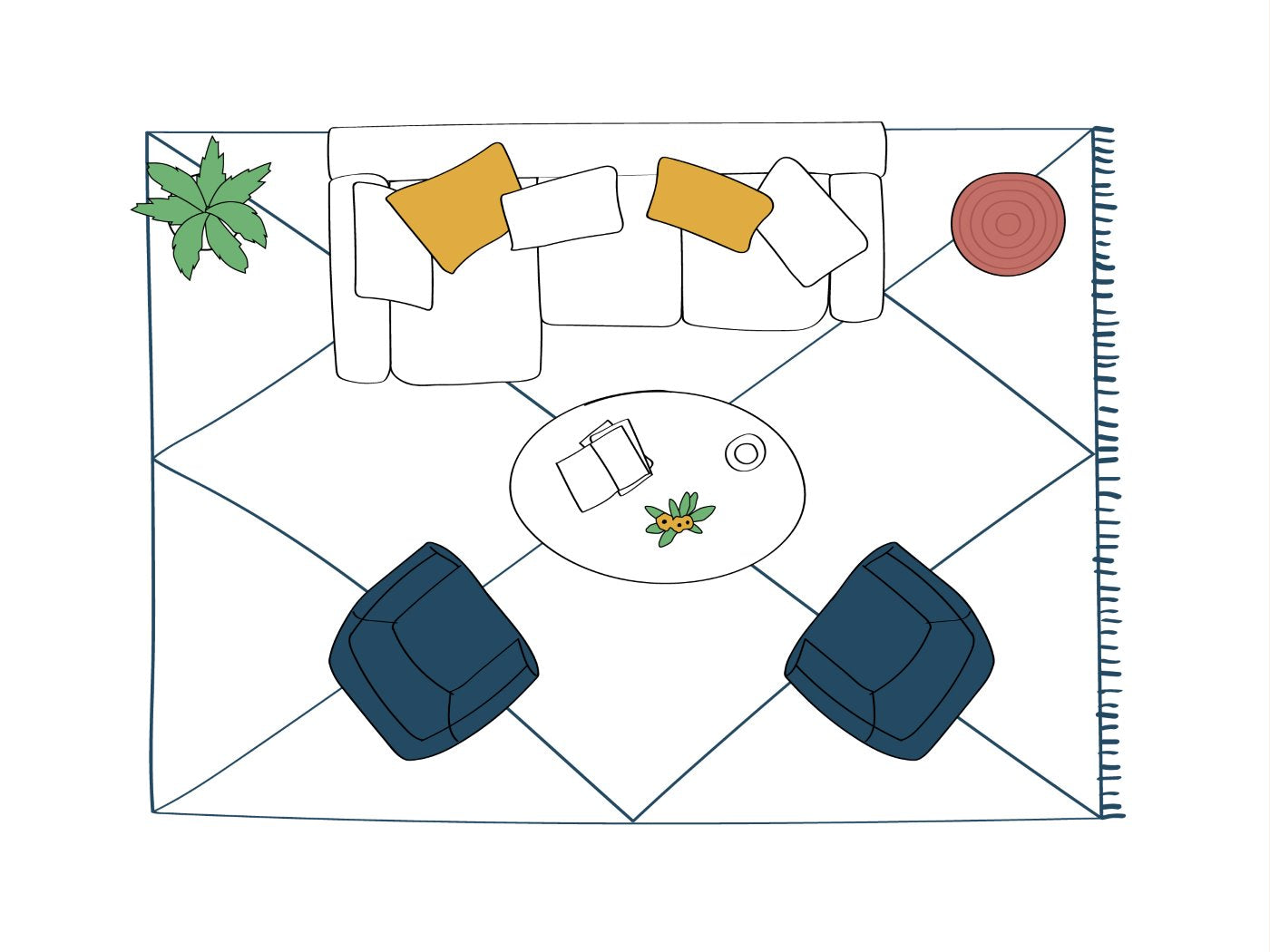 Ampio tappeto berbero marocchino che copre l'intero pavimento del soggiorno moderno, con divano bianco, poltrone blu e tavolino sopra - design d'interni minimalista con tappeto molto grade