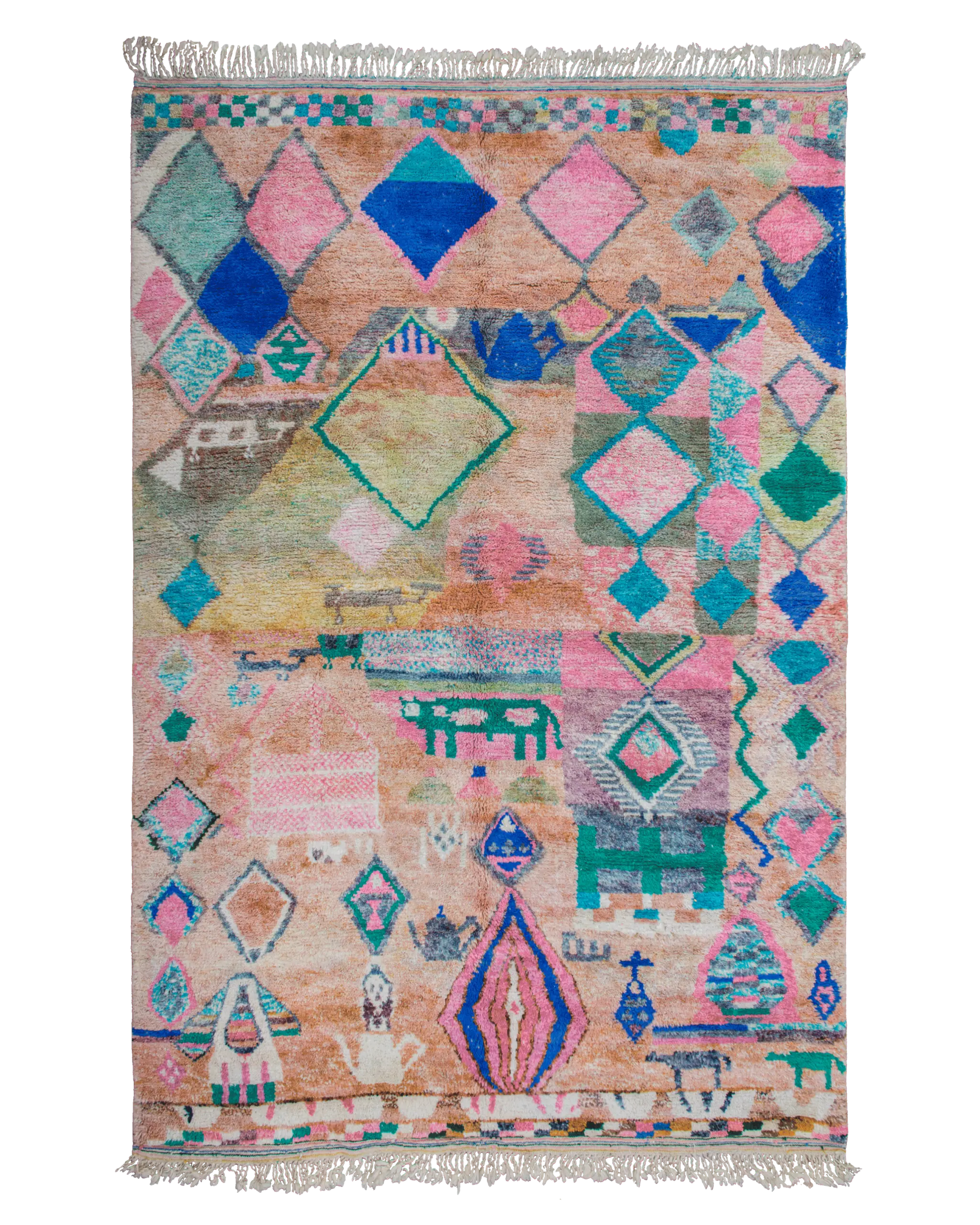 Grande tappeto berbero multicolore Beni Ourain 330×220 cm dalla fantasia particolare con rombi, teiere, piccoli animali e motivi geometrici