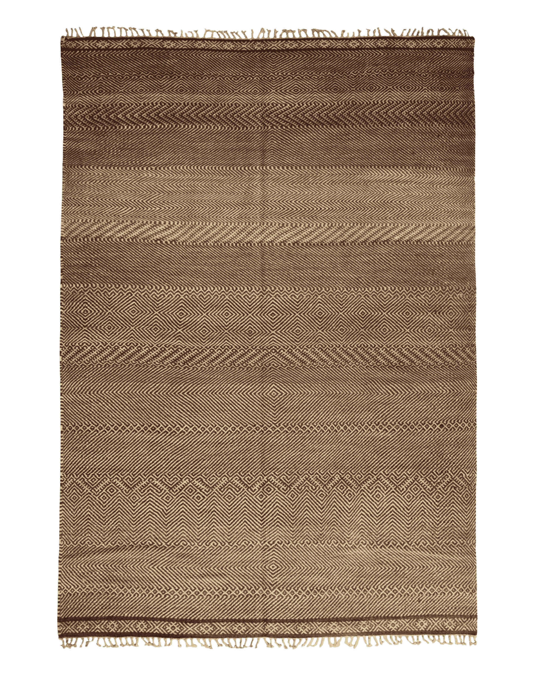 Grande tappeto Zanafi in lana bianco e nero a tessitura piatta con fasce di micro motivi geometrici e frange corte