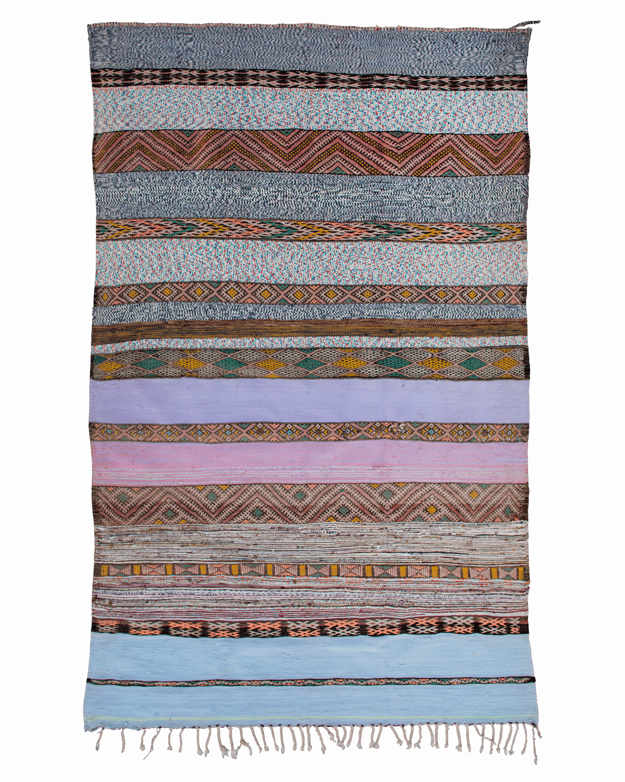 Tappeto Beni Mguild boucherouite vintage 257×150 cm con righe multicolore e motivi Amazigh