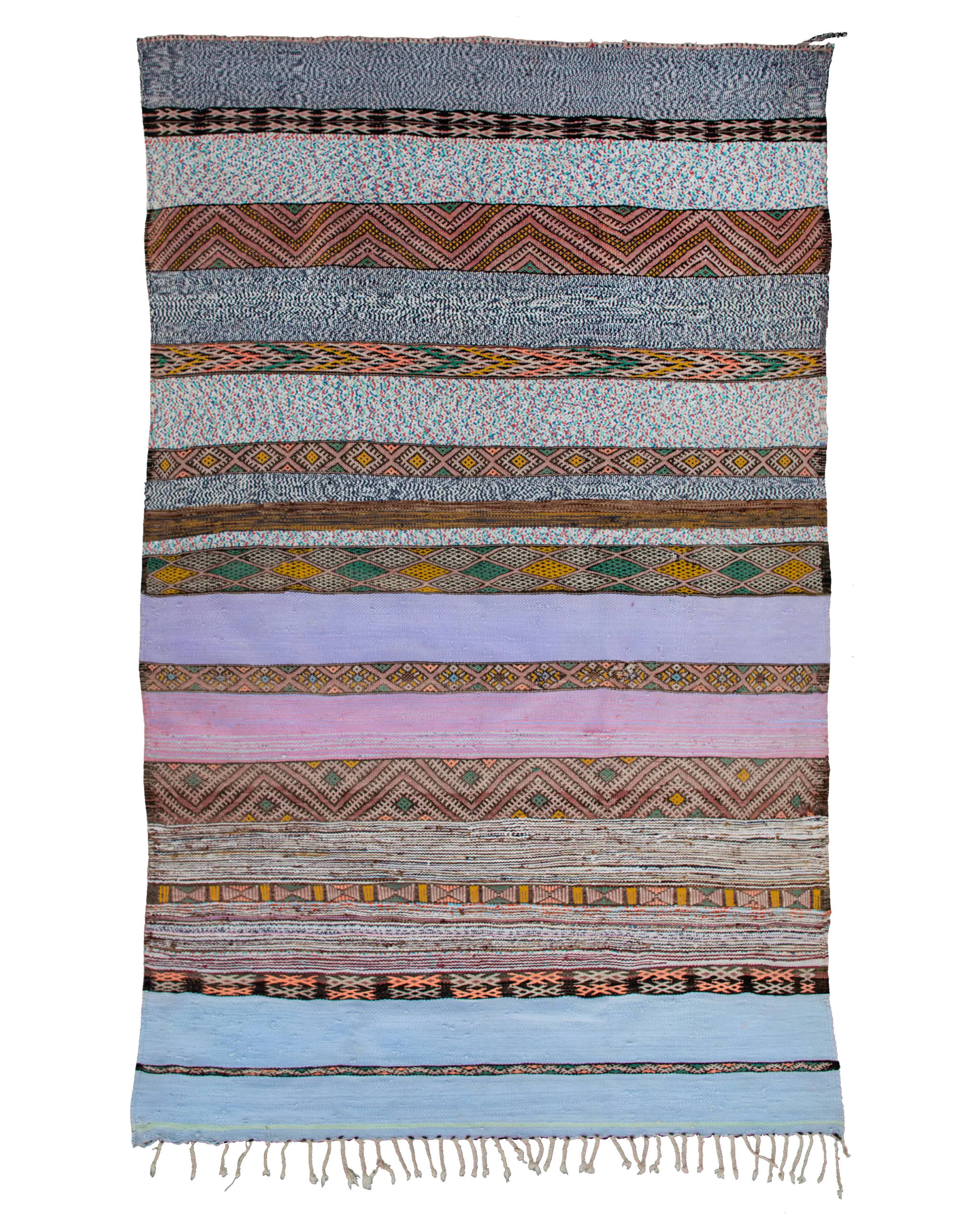 Tappeto Beni Mguild boucherouite vintage 257×150 cm con righe multicolore e motivi Amazigh