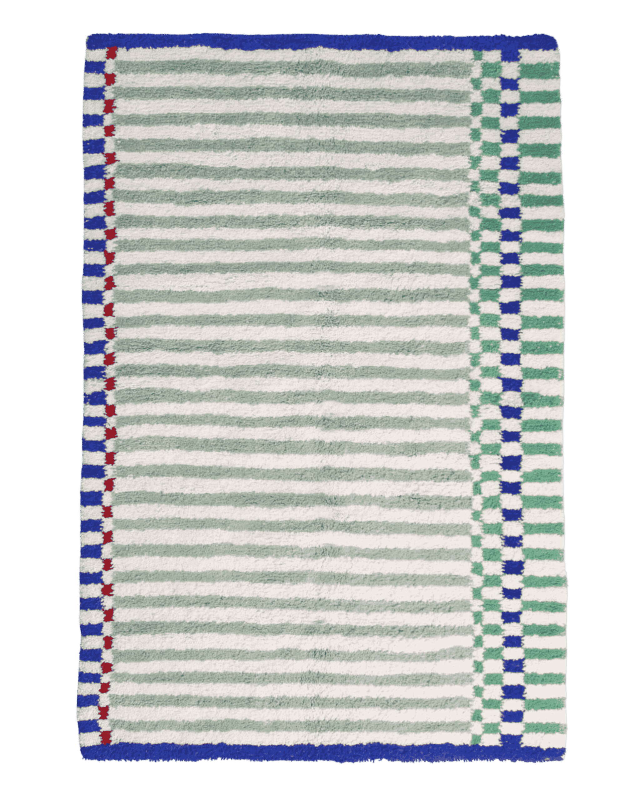 Tappeto artigianle per cameretta bambini Linhas in lana naturale con design geometrico verde salvia e blu, sicuro e morbido per il gioco