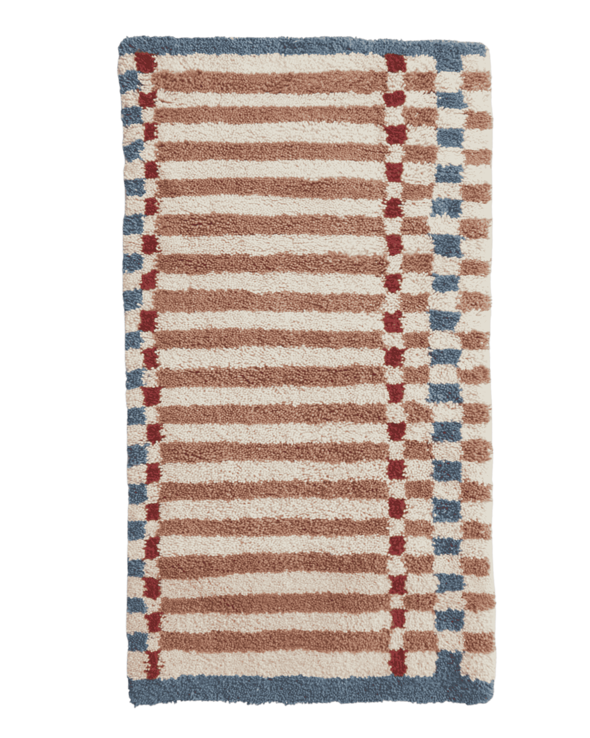 tappeto Linhas 150x80 per cameretta bambini: design a righe in lana naturale, colori beige rosso e blu