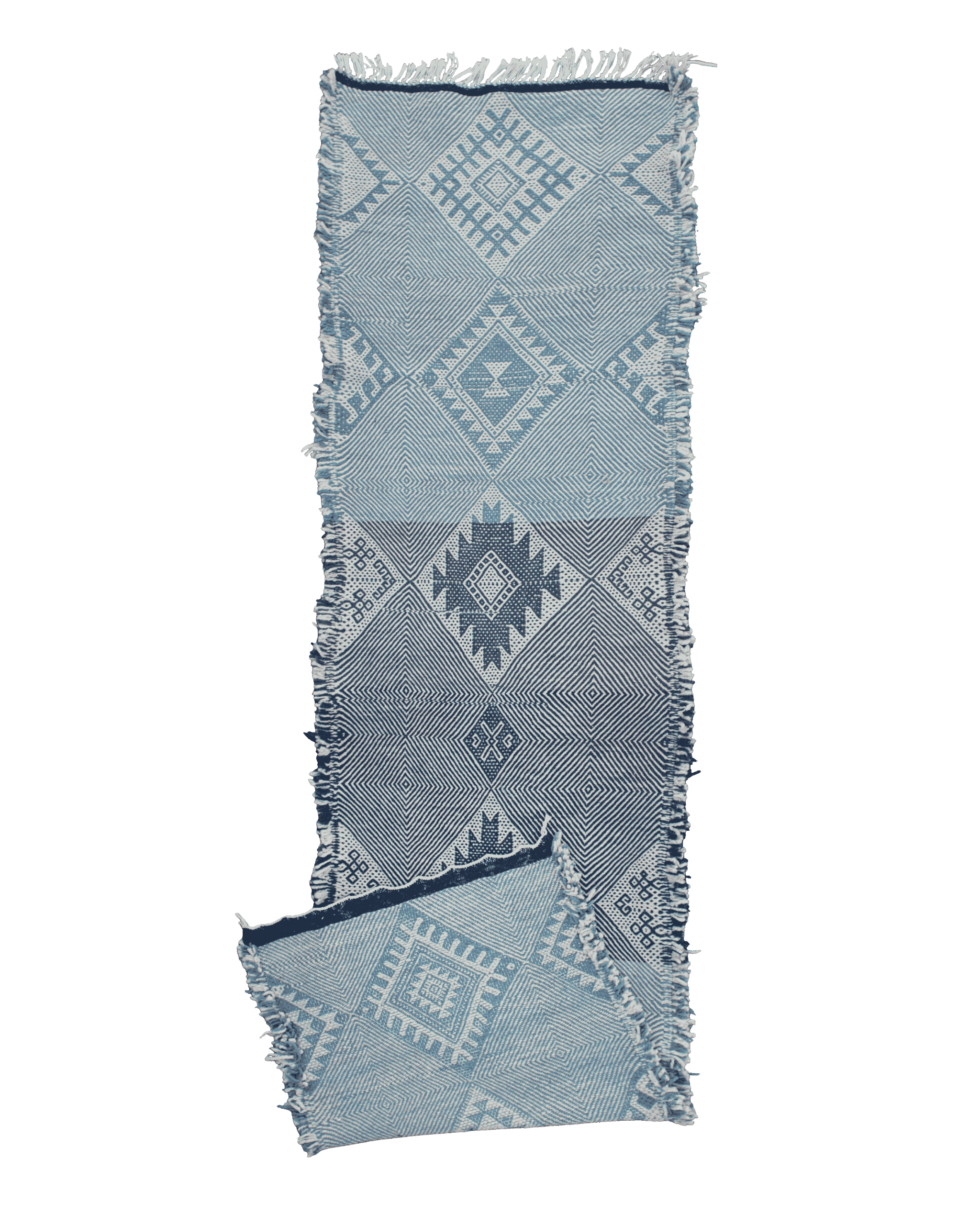 Tappeto passatoia Zanafi bianco e azzurro 264×68 cm in lana con rombi geometrici e fascia centrale blu