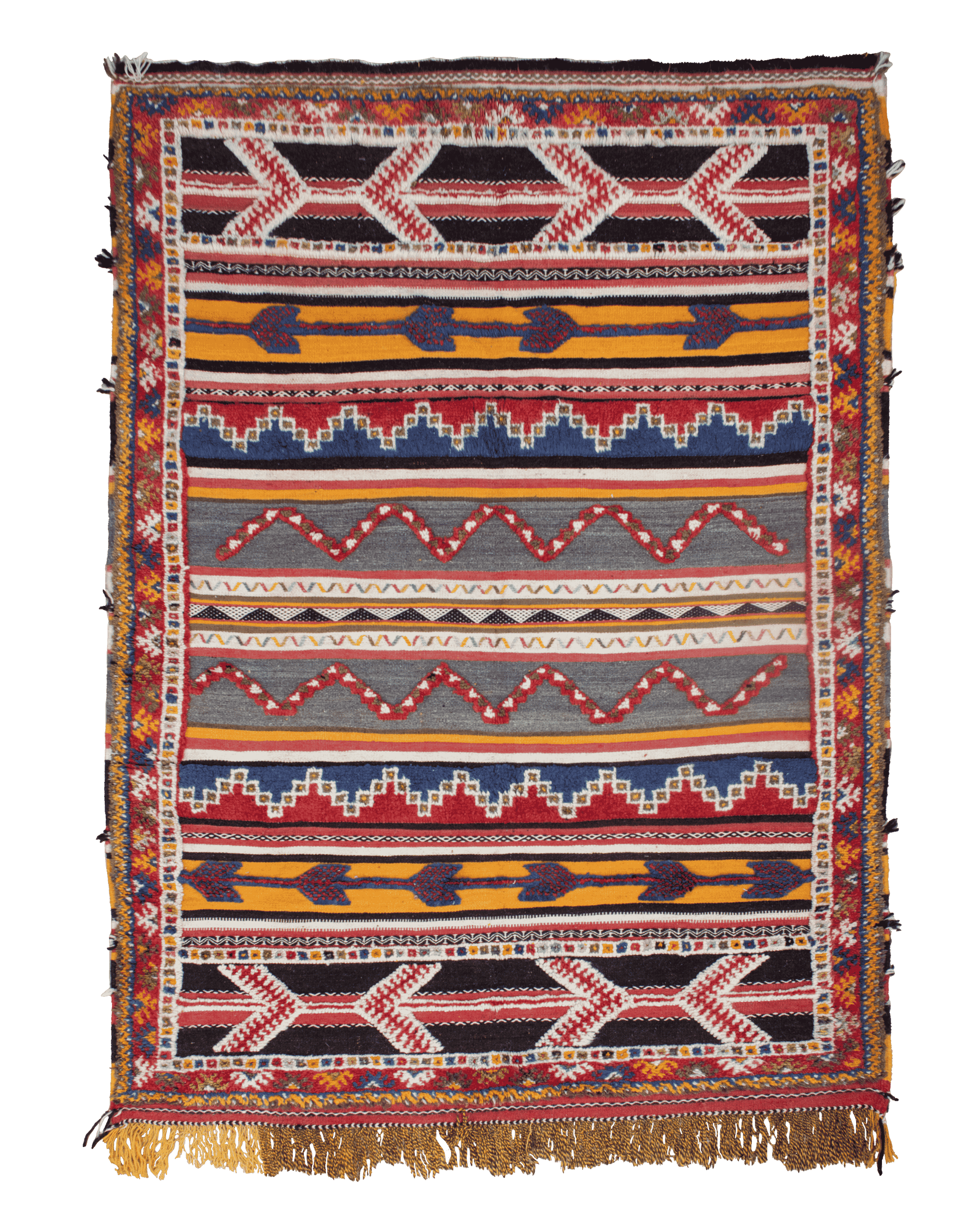 Tappeto etnico marocchino stile Glaoui con fasce geometriche decorate con simboli tribali, mix di colori intensi caldi e freddi