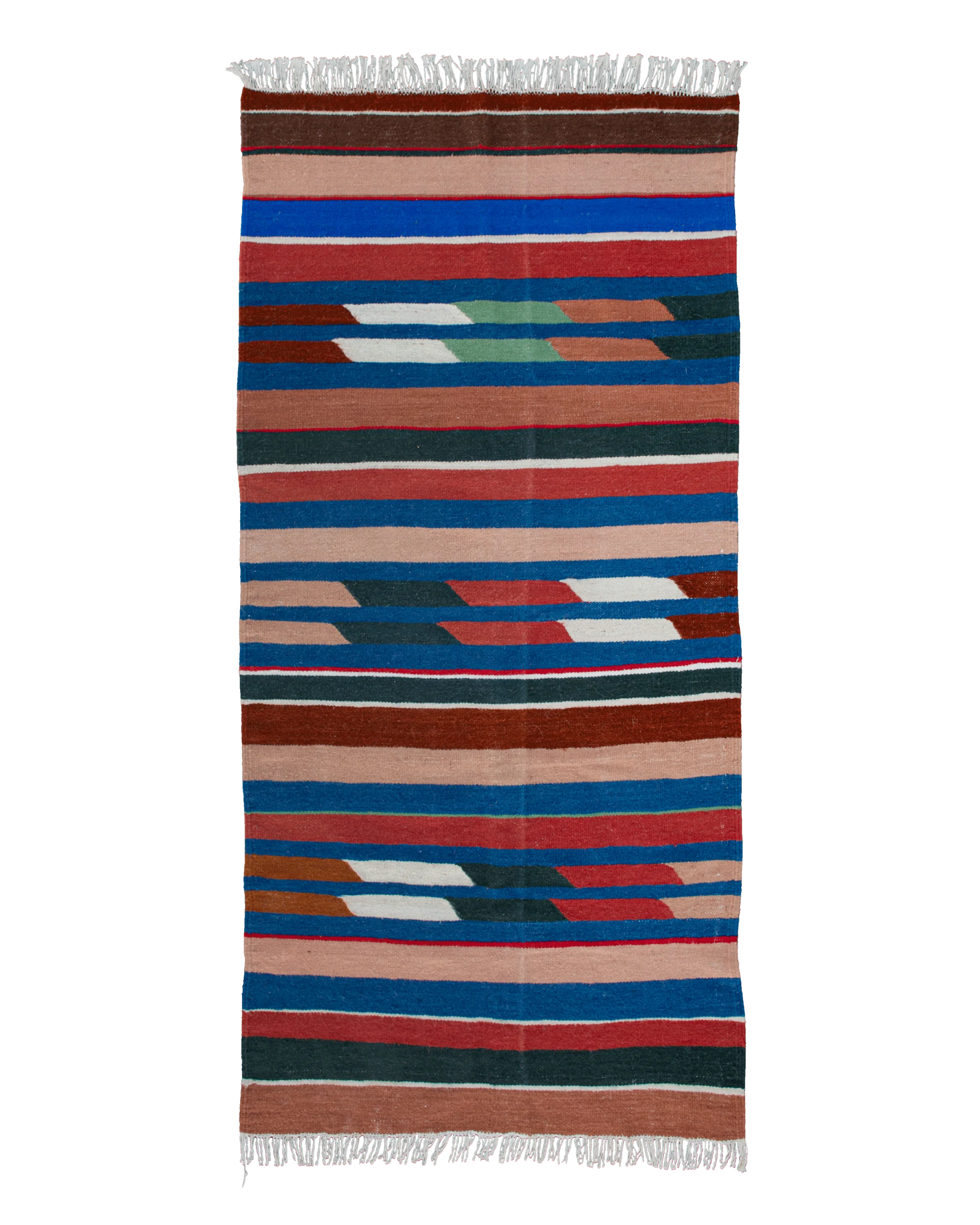 Kilim marocchino Hanbel 202×98 cm in lana a tessitura piatta con righe blu, rosse, marroni, rosa e terracotta