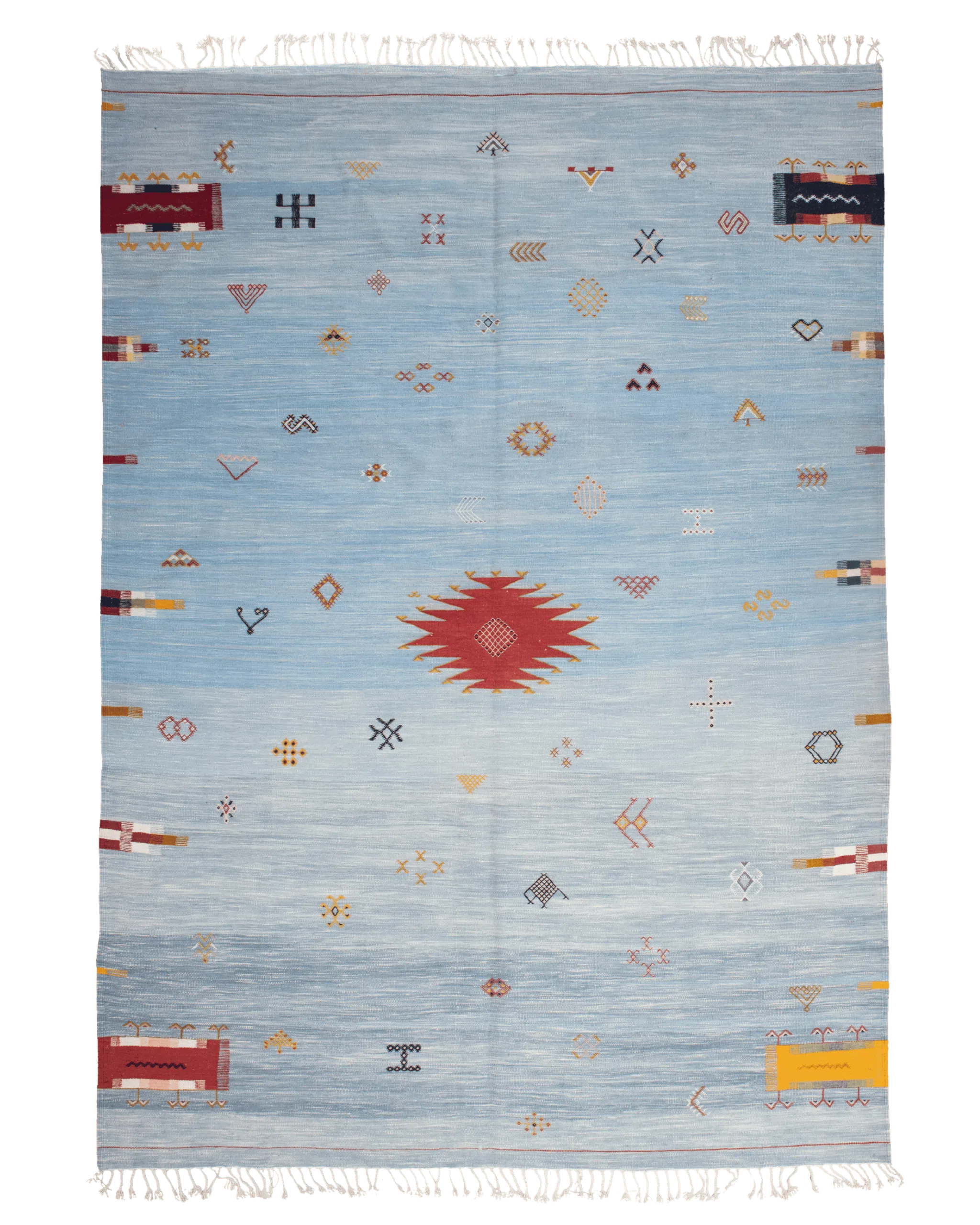 Tappeto kilim marocchino 217×300 cm in 100% lana di pecora, tessitura piatta azzurro polvere con abrash, simboli amazigh multicolore e medaglione centrale rosso