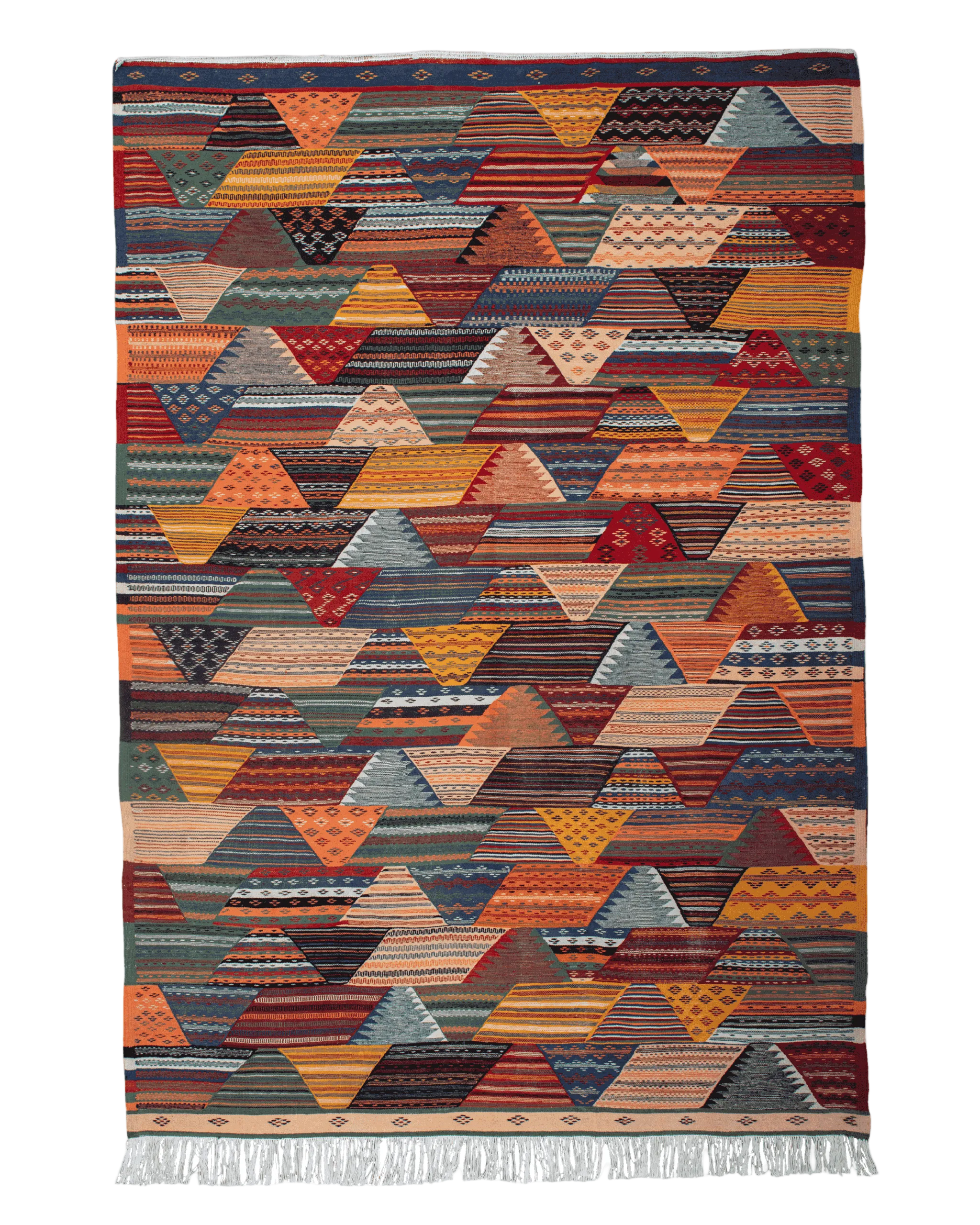 Tappeto kilim marocchino 305×201 cm in 100% lana di pecora, tessitura piatta, patchwork geometrico multicolor con triangoli e rombi, frange su un lato